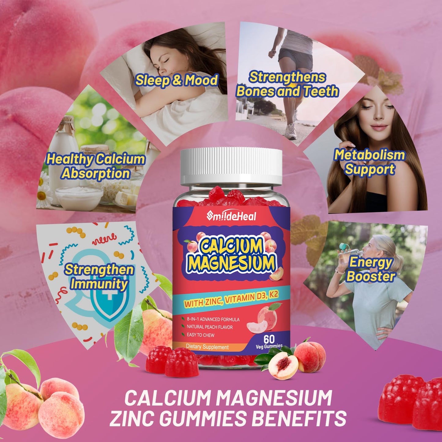 SmildeHeal Calcium Magnesium Zinc Gummies with Vitamin D3 - High Absorption Complex Calcium Supplement, Vegan, 120 Gummies