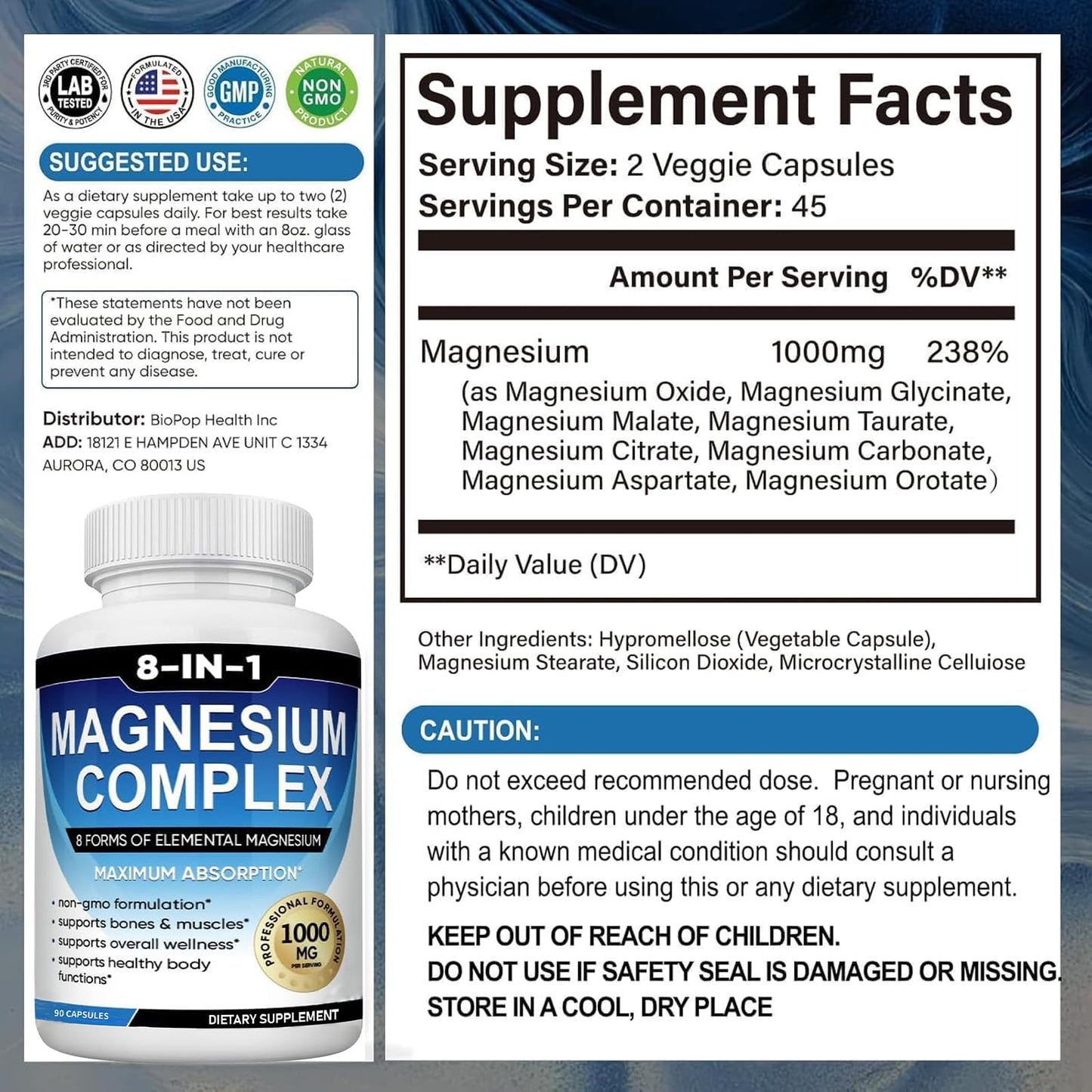caicieter Magnesium Complex Supplement 8 Elemental 1000mg with Glycinate Citrate Capsules, 90 Capsules