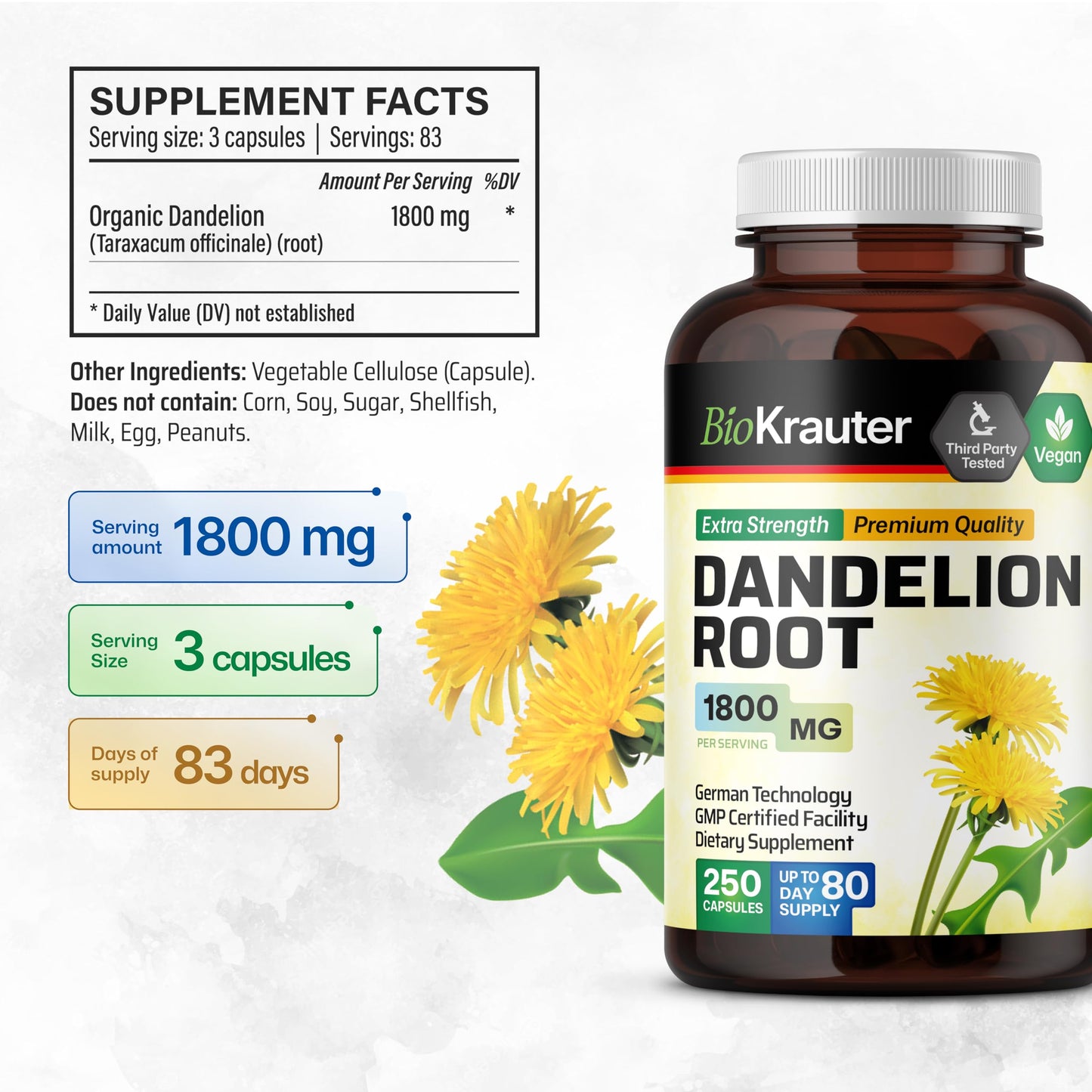 BIO KRAUTER Dandelion Root Capsules, 250 Count