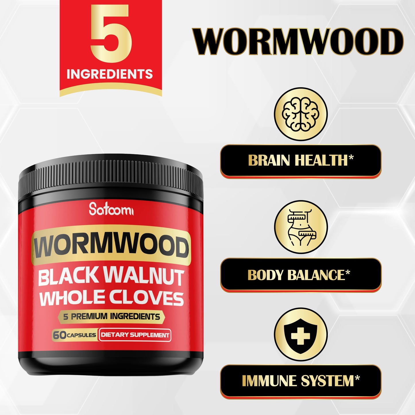 Satoomi 5 in 1 Wormwood Capsules Supplement, 60 Capsules