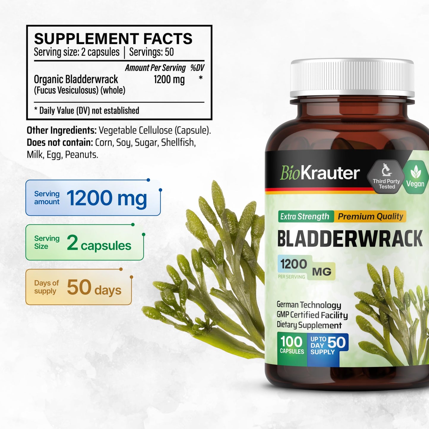 BIO KRAUTER Bladderwrack for Thyroid Support Iodine Supplement 100 Capsules