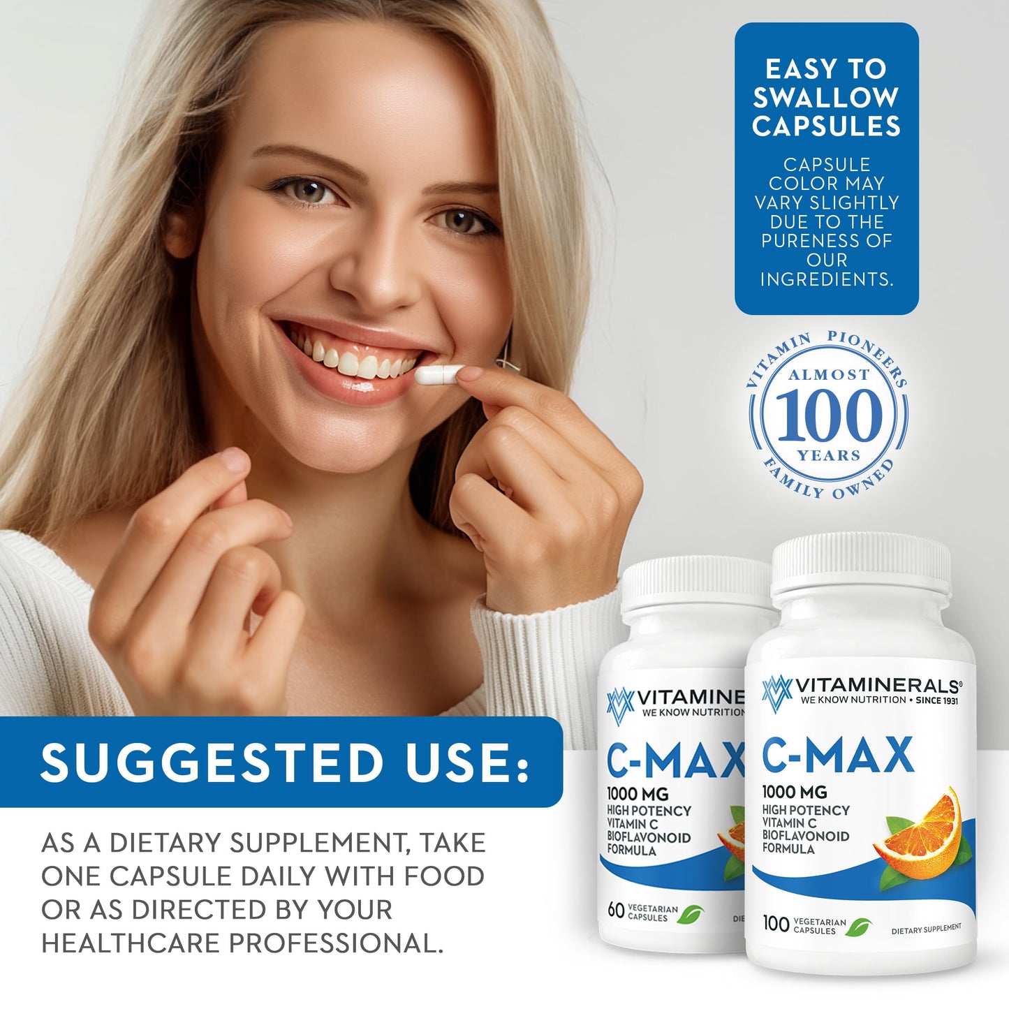Vitaminerals C MAX Antioxidant Support 1000 mg Vitamin C with Bioflavonoids Veggie Capsules, 60 Capsules