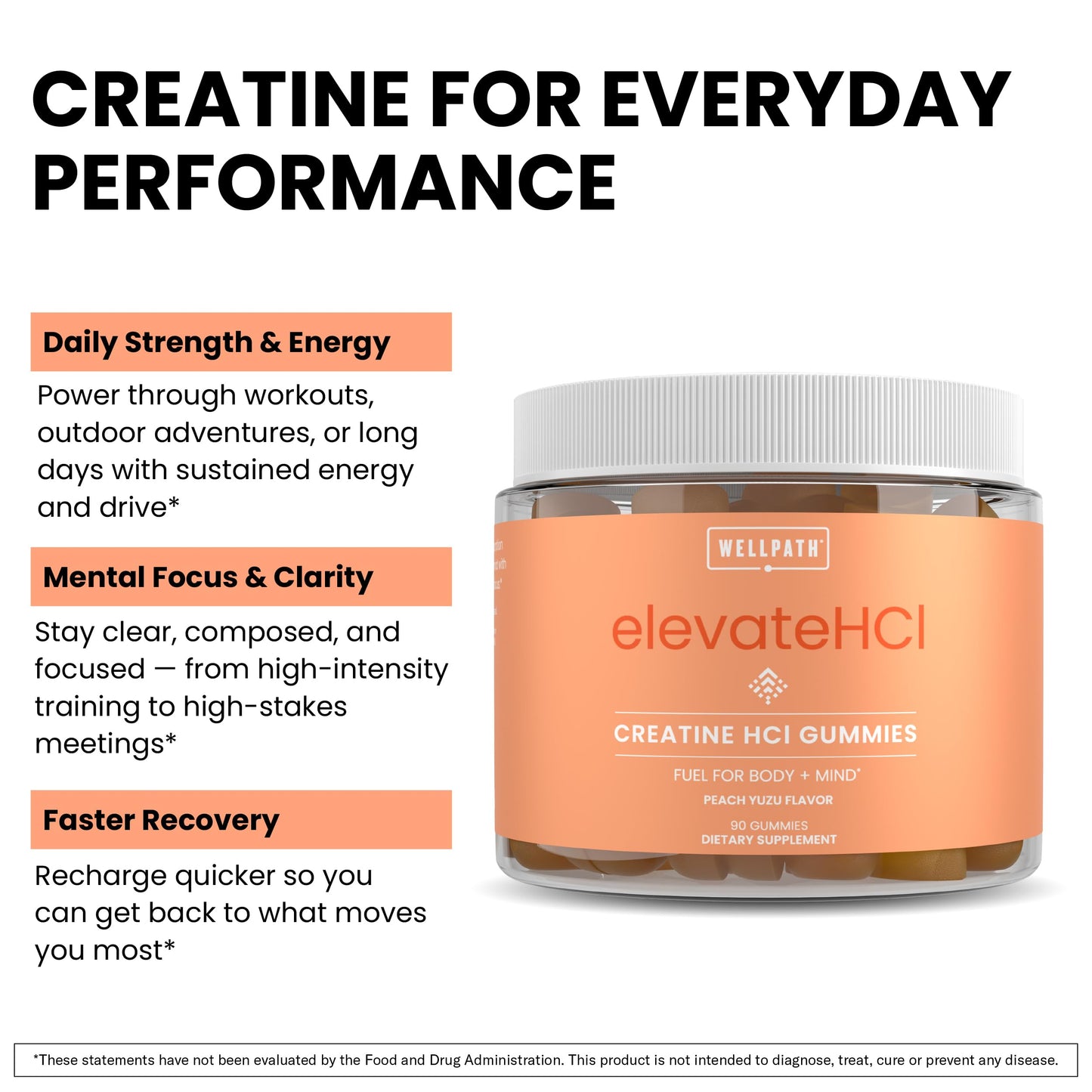 WellPath Creatine HCl Gummies 750mg – Chewable Creatine Gummies for Women and Men – 5g Monohydrate Equivalent – Peach Yuzu Tart Flavor, Real Sugar – Non-GMO, 90 Gummies