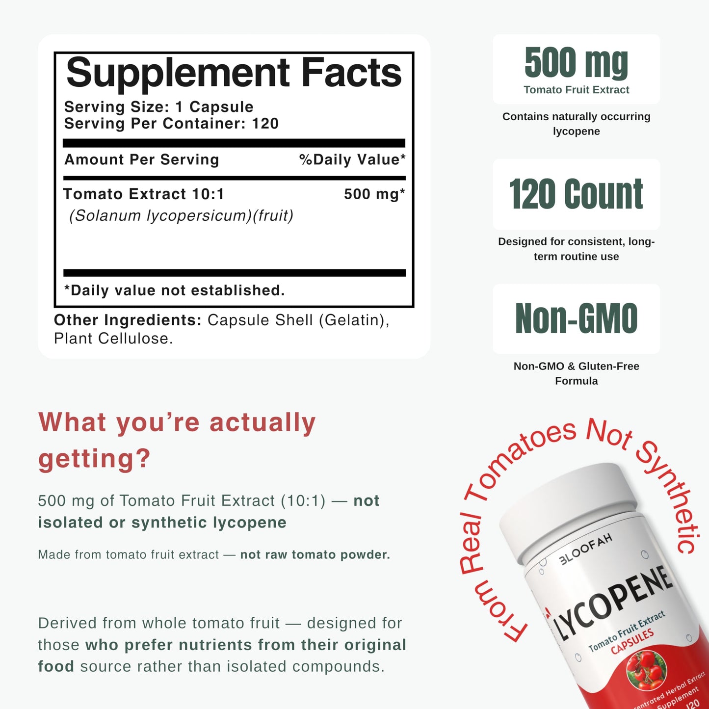 Bloofah Lycopene Supplement 500mg Tomato Extract 10:1 Capsules, 120 Capsules