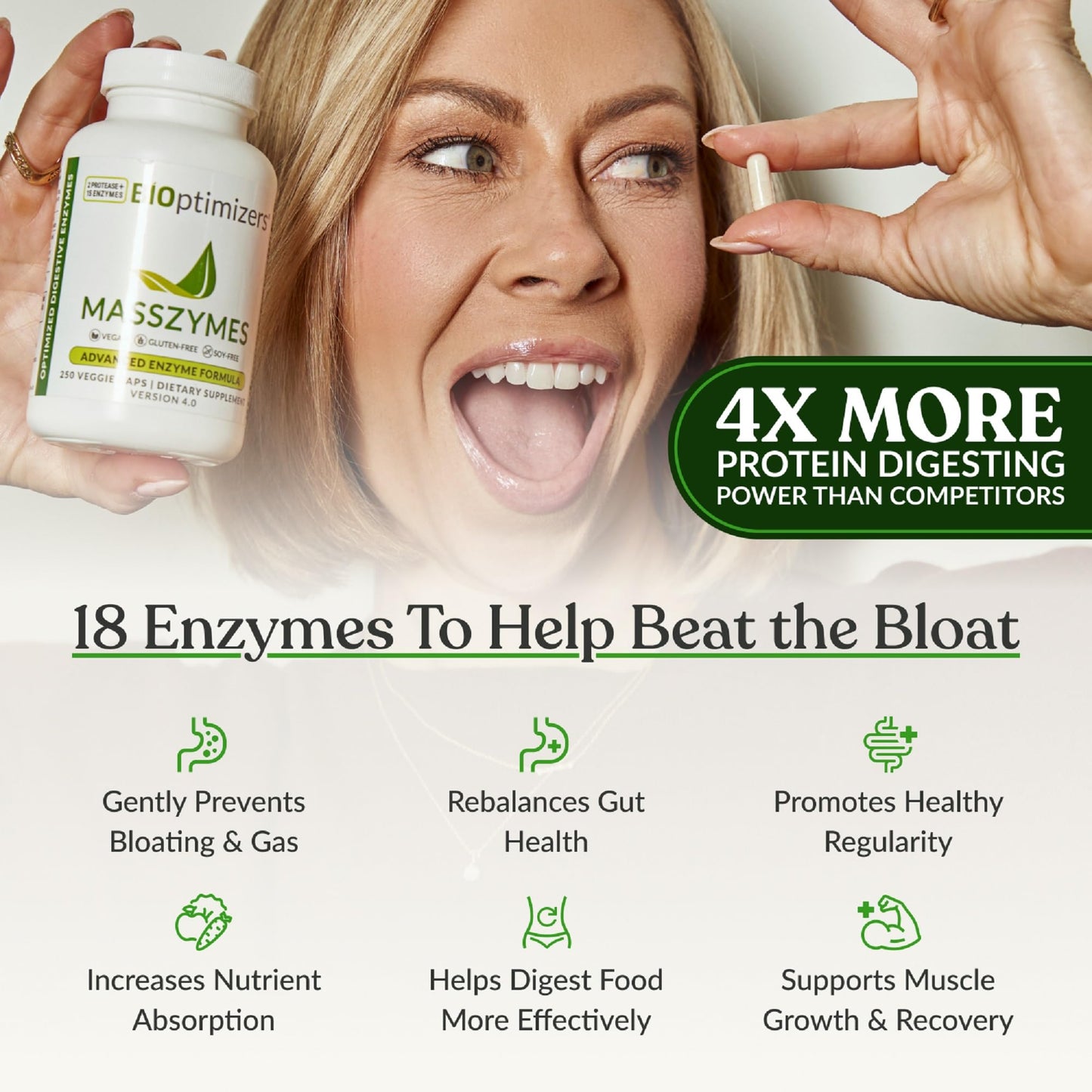 BIOptimizers MassZymes Complete Digestive Enzymes Supplement Capsules, 30 Count