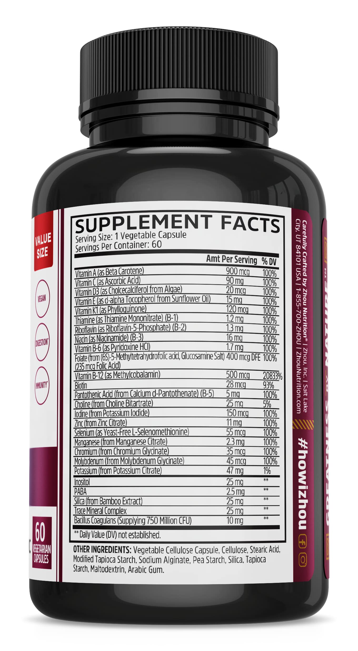 ZHOU Daily Boost Multivitamin with Probiotic, Zinc, Vitamin C, D3, B Complex Capsules, 60 Count