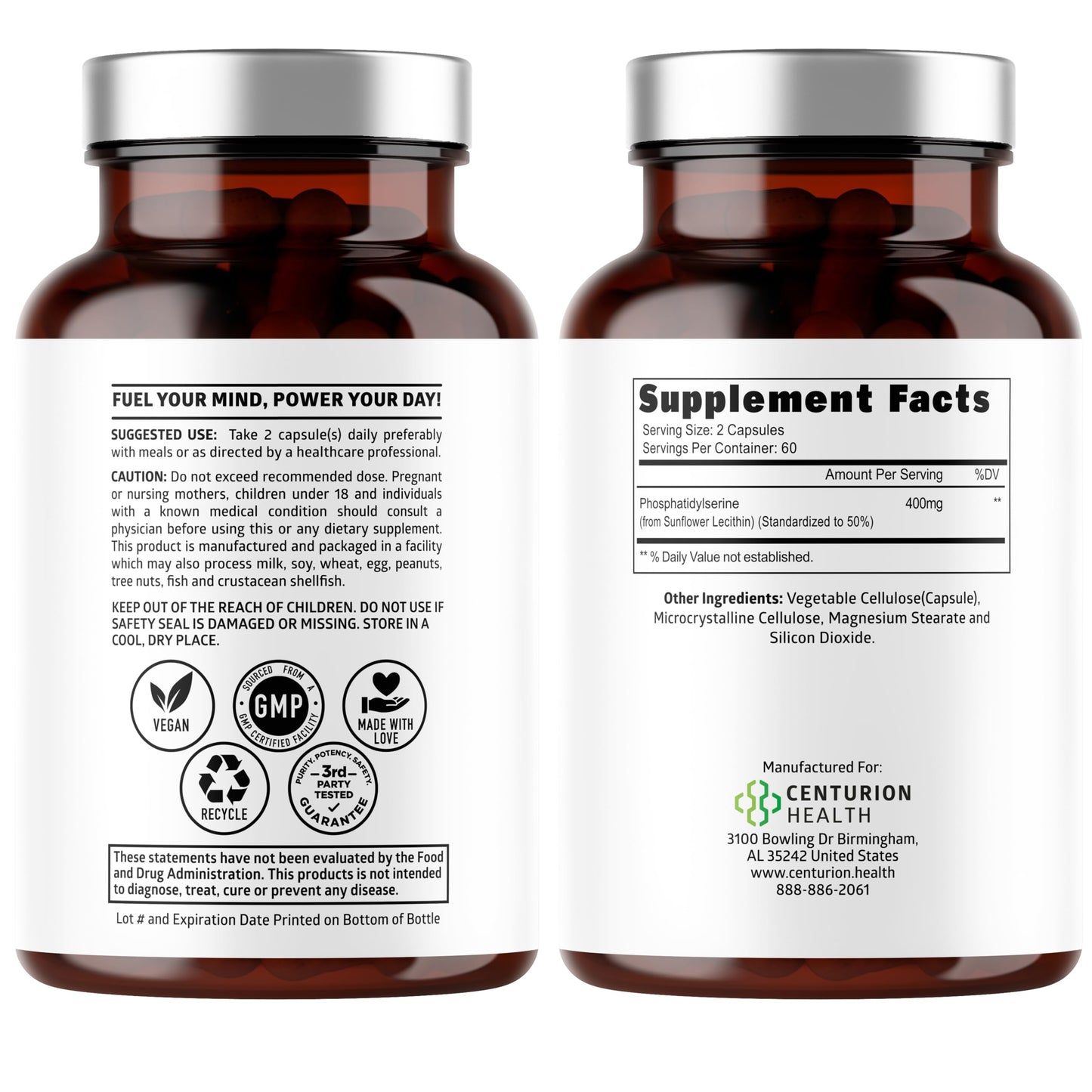 Number One Nutrition Premium Phosphatidylserine 400mg Derived from Sunflower Lecithin Capsules, 120 Count