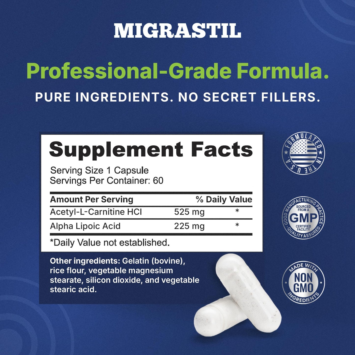MIGRASTIL Nerve Support with Acetyl L-Carnitine & Alpha Lipoic Acid Capsules, 60 Count