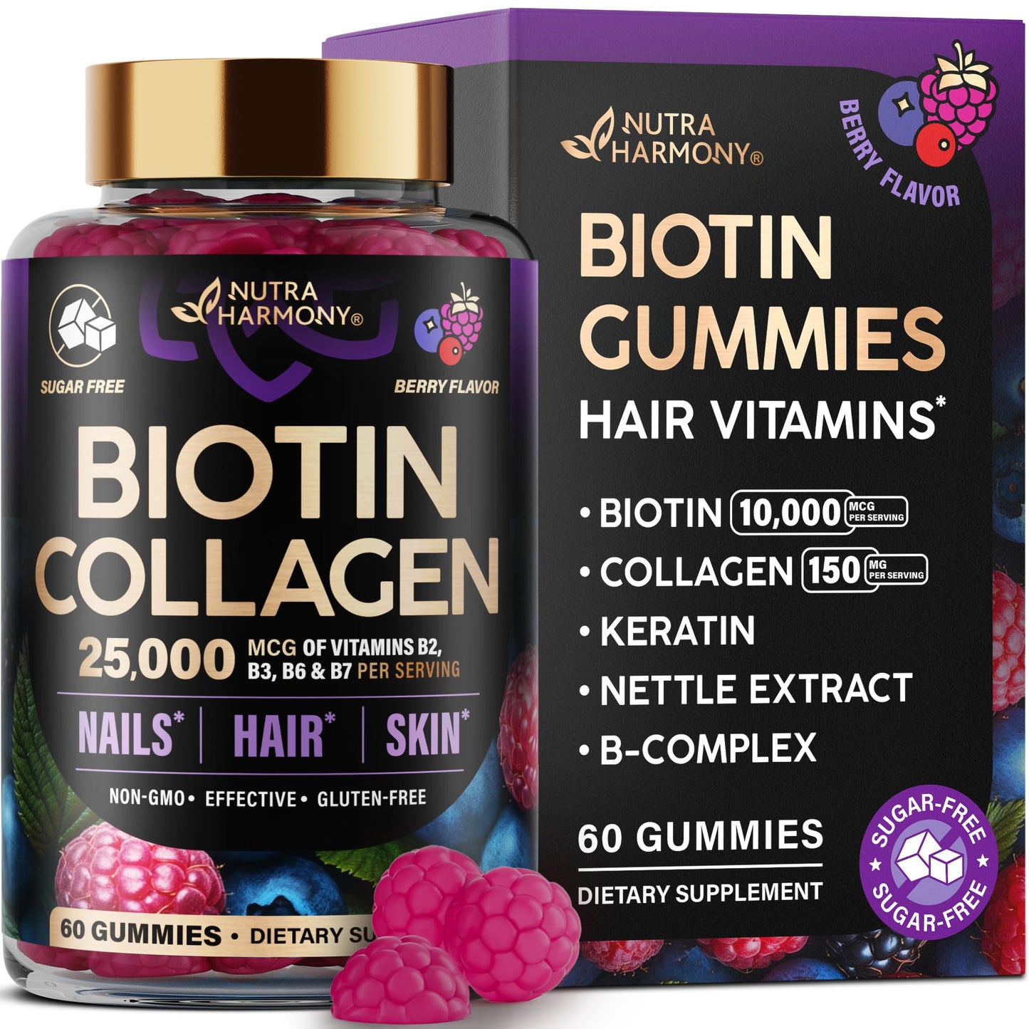 NUTRAHARMONY Biotin Gummies with Collagen for Hair Growth Support, Skin & Nail Strength - Biotin 10000mcg, Keratin, Hyaluronic Acid, B-Complex, Nettle - Sugar-Free, Mixed Berry, 60 Gummies