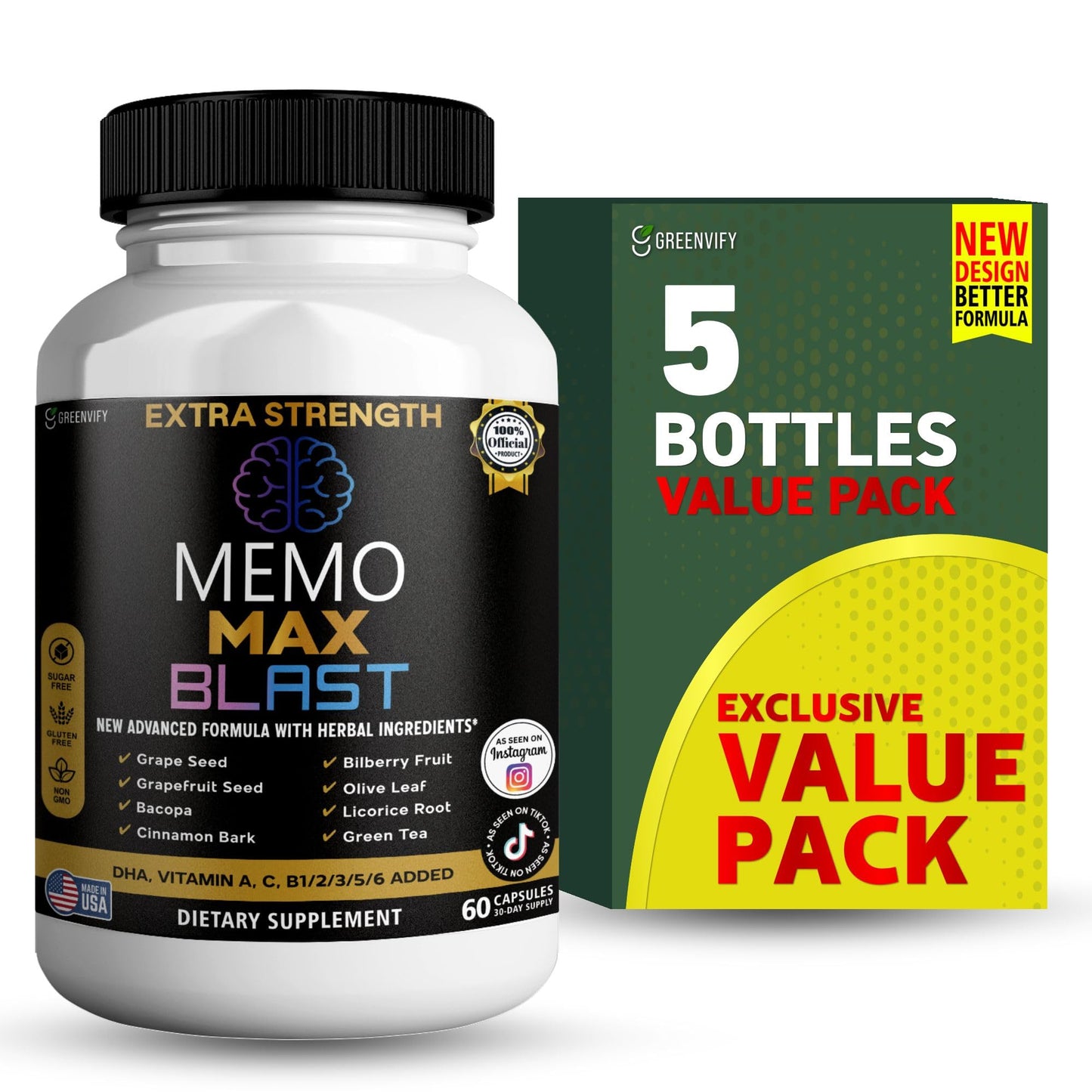 GREENVIFY Memo Max Blast Extra Strength Brain Supplement 60 Capsules