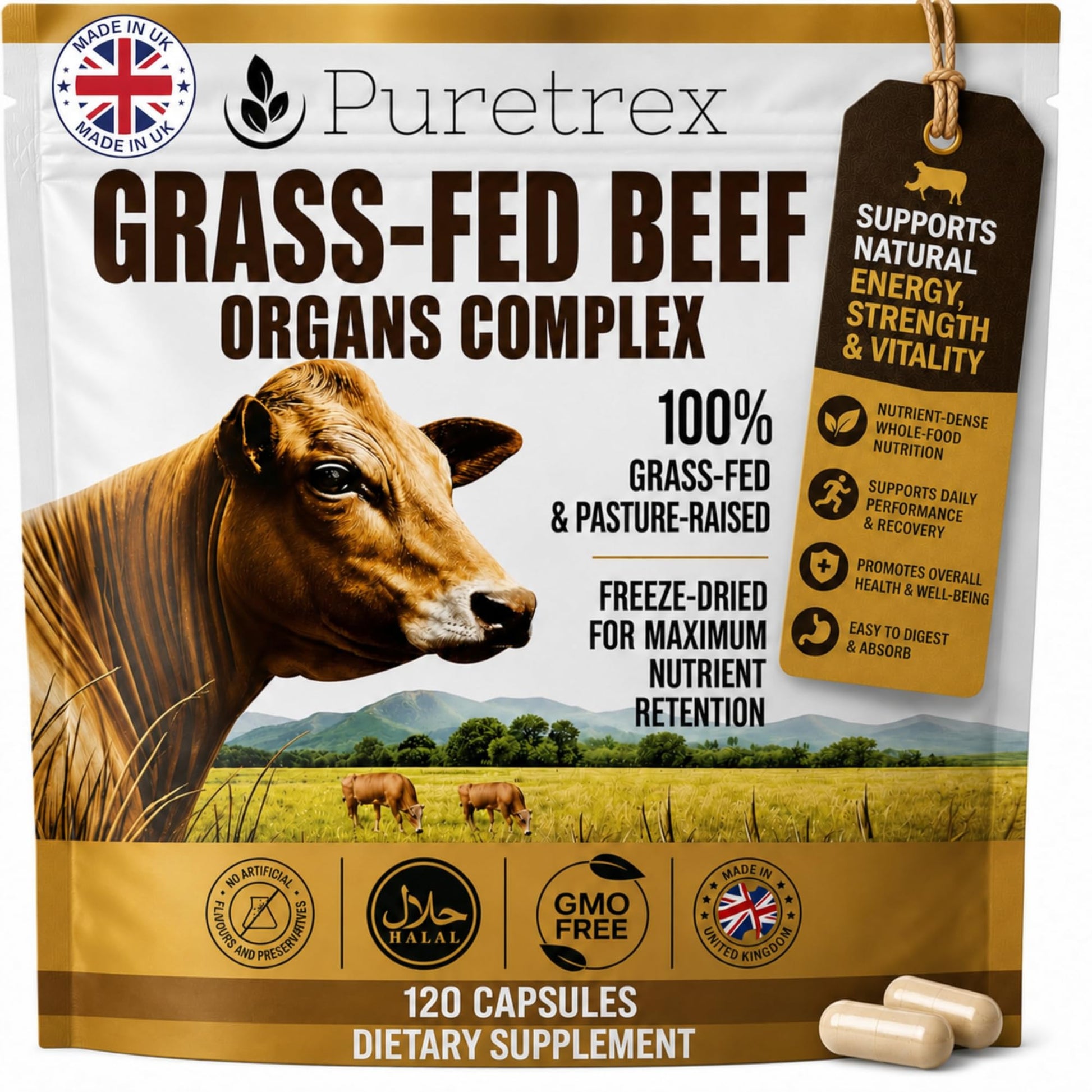 PURETREX Grass-Fed Beef Organs Complex, Freeze-Dried Liver, Heart, Kidney & Spleen Capsules with BioPerine, Beef Organ Supplement for Women and Men, 100% Pasture-Raised, GMO Free, 120 Count