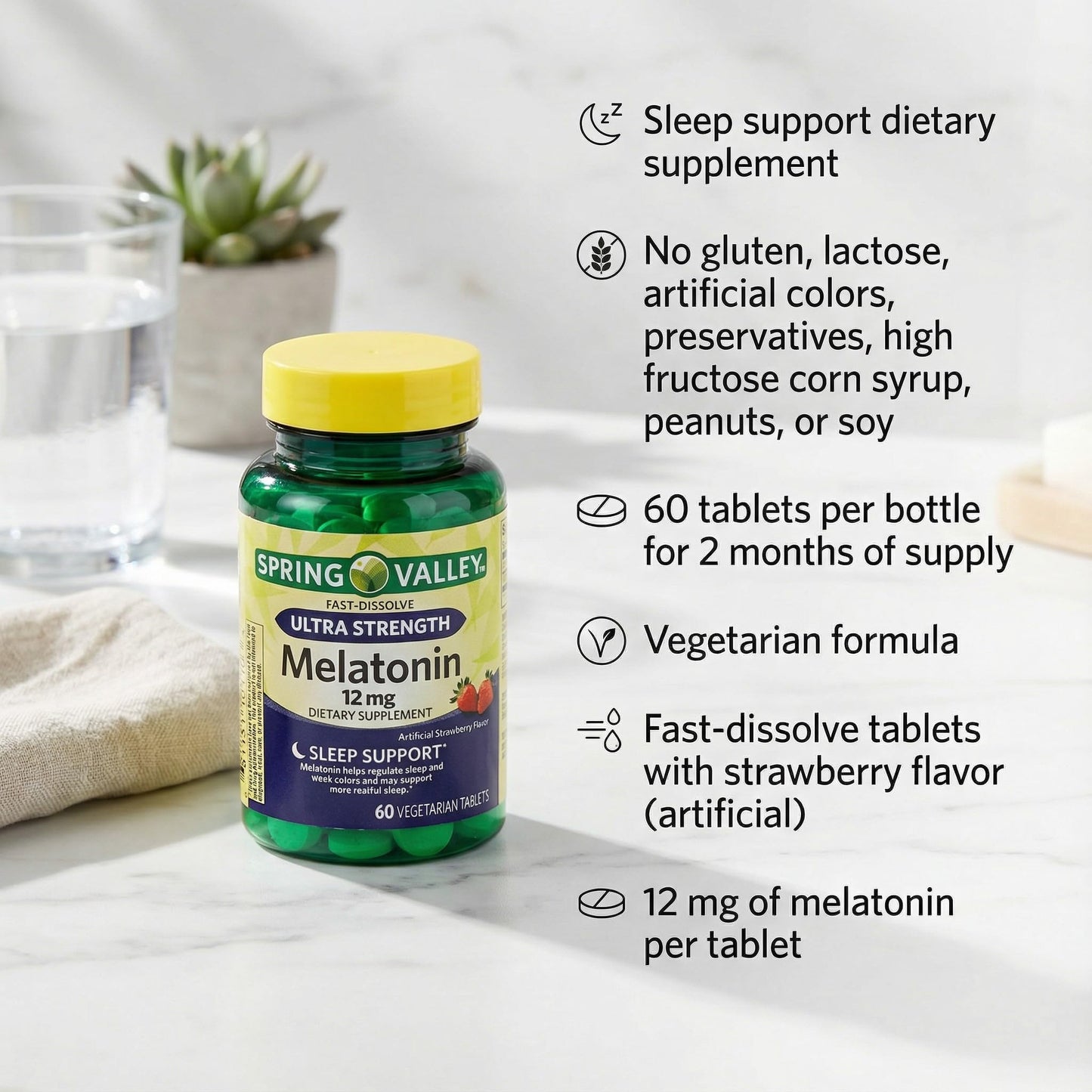 Unique Bundle Store Melatonin Ultra Strength 12mg - Strawberry Flavor, Fast-Dissolve, Sleep Support, 60 Tablets