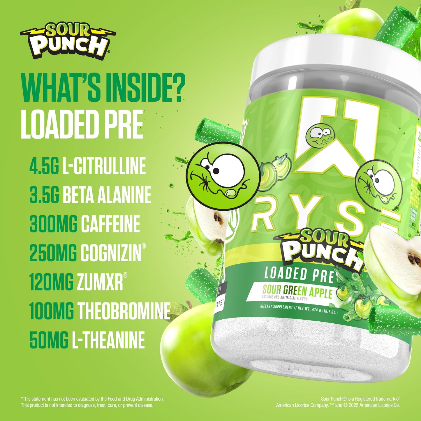 RYSE Up Supplements Loaded Pre Workout Powder Sour Punch Green Apple, 15.3 oz