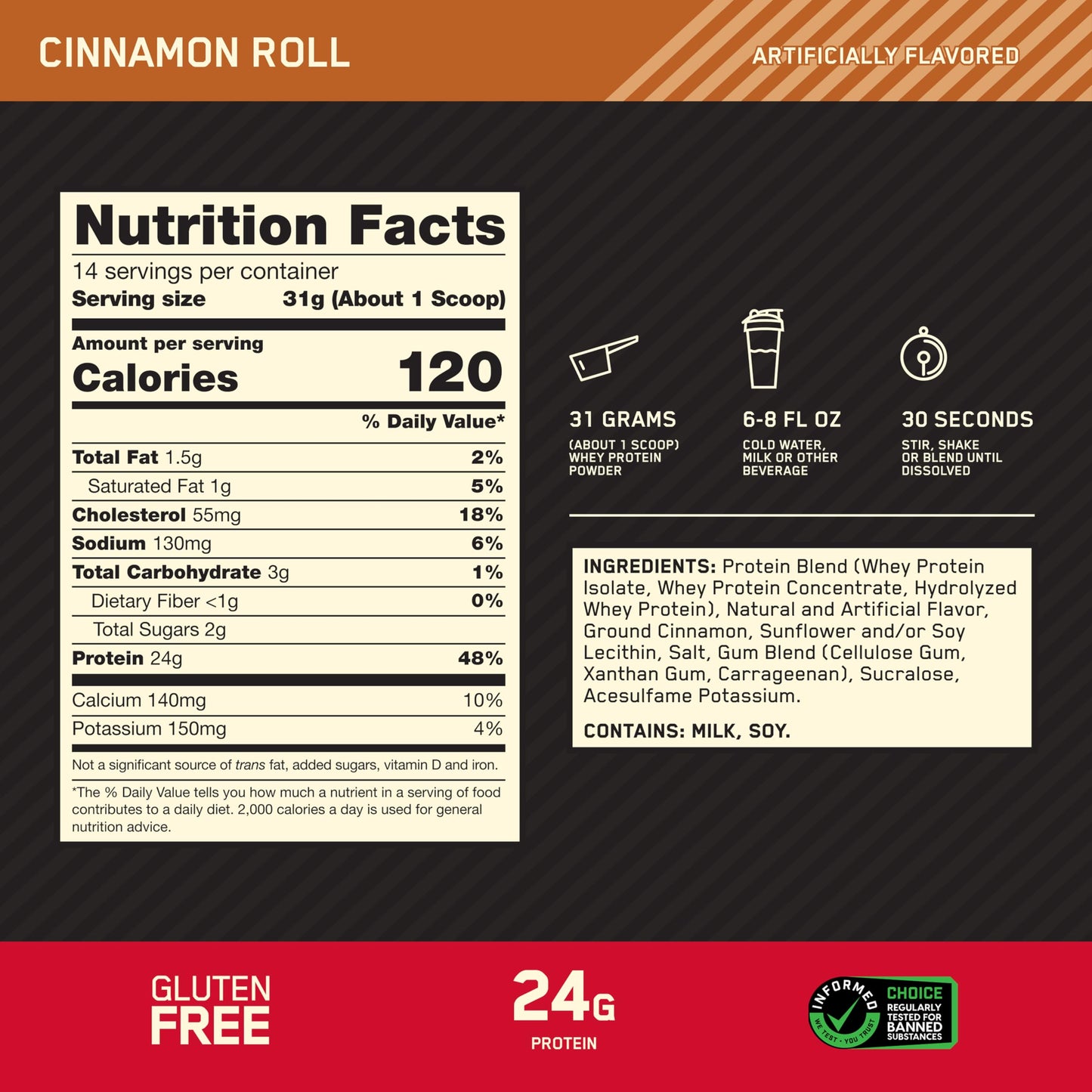Optimum Nutrition Gold Standard 100% Whey Protein Powder Cinnamon Roll, 16 Servings