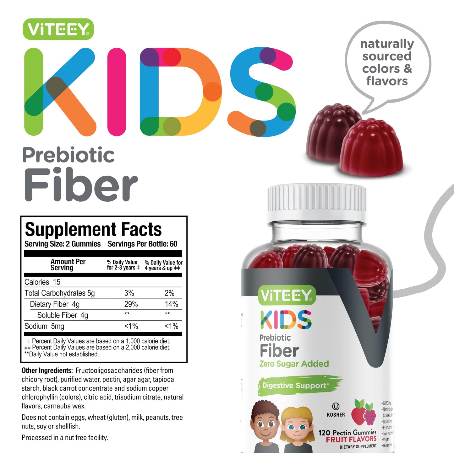 Viteey Prebiotic Kids Fiber for Constipation Relief, Digestive Health Regularity Support Gummy 120 Count