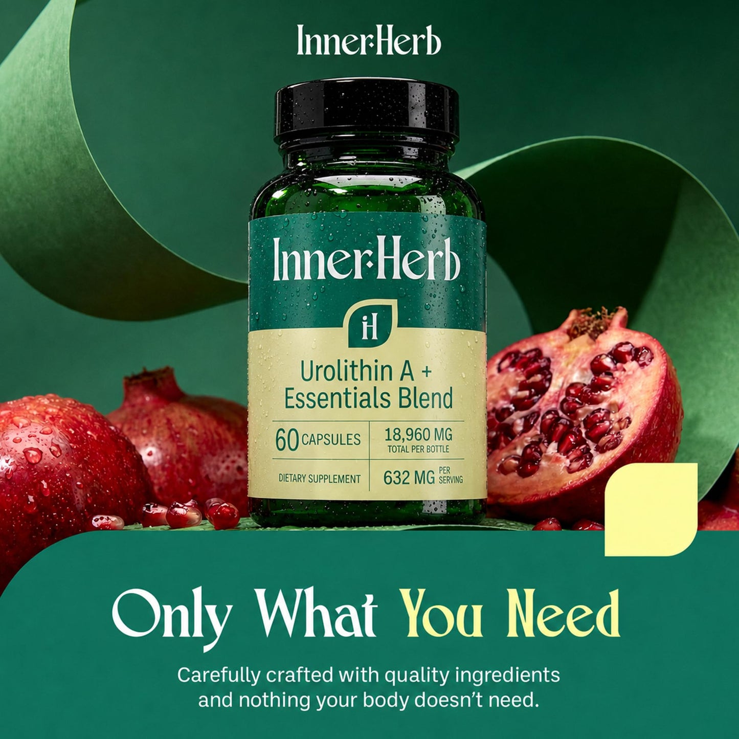 InnerHerb Urolithin A 632mg with NMN, NR, PQQ & Magnesium Bisglycinate, Mitochondrial & Cellular Energy Support, NAD+ Booster Supplement, 60 Vegan Capsules