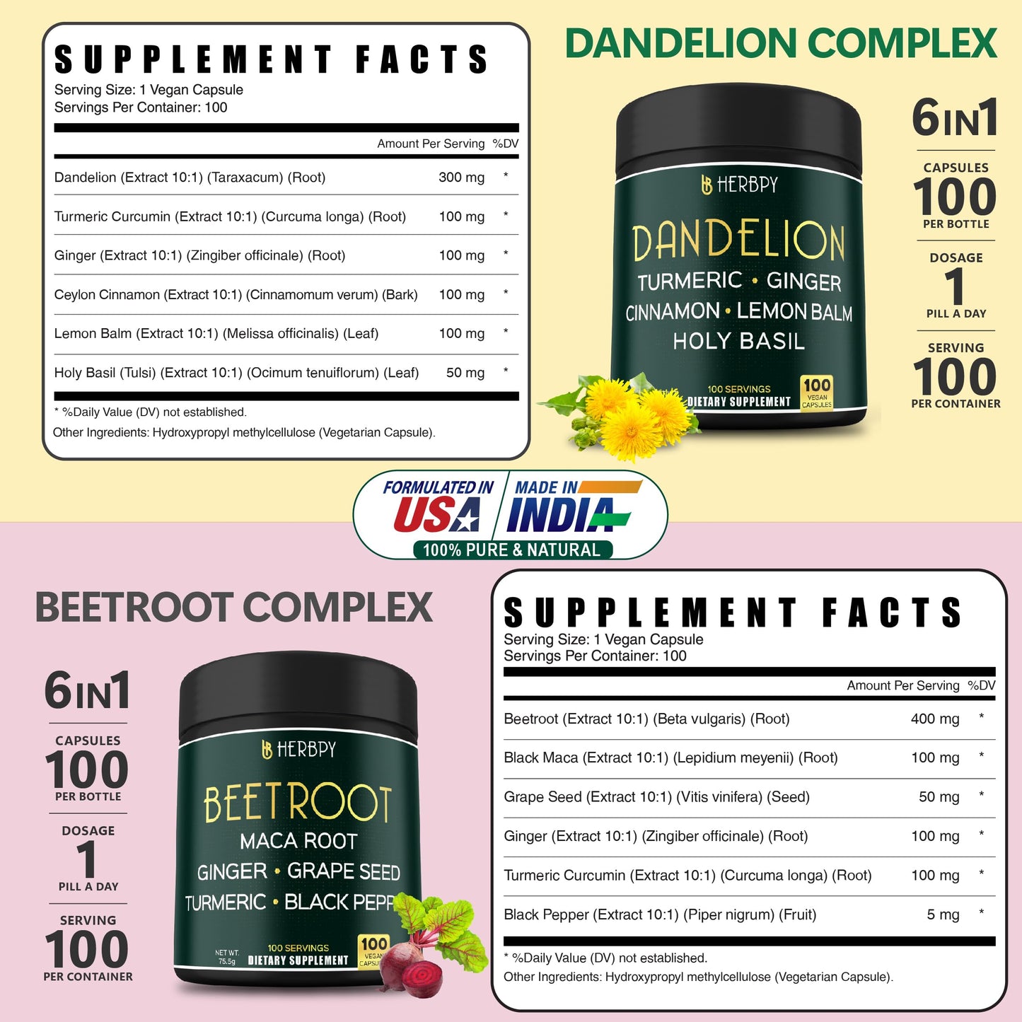Herbpy 6in1 Dandelion Root Supplement & 6in1 Beet Root 200 Capsules