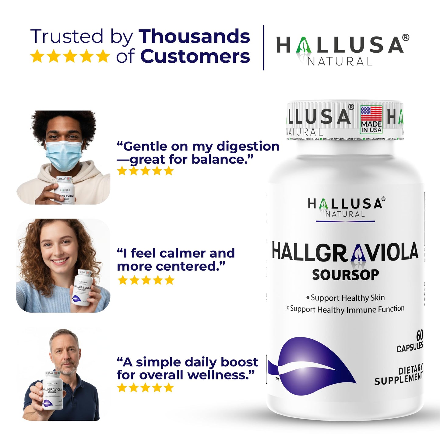 Hallusa Natural Graviola Leaf Capsules 800 mg, 60 Count