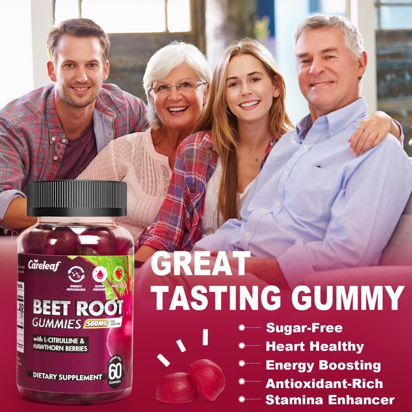 careleaf Sugar-Free Vegan Beet Root Gummies with L-Citrulline & Hawthorn Extract – Nitric Oxide Support – Peach Flavor, 60 Count