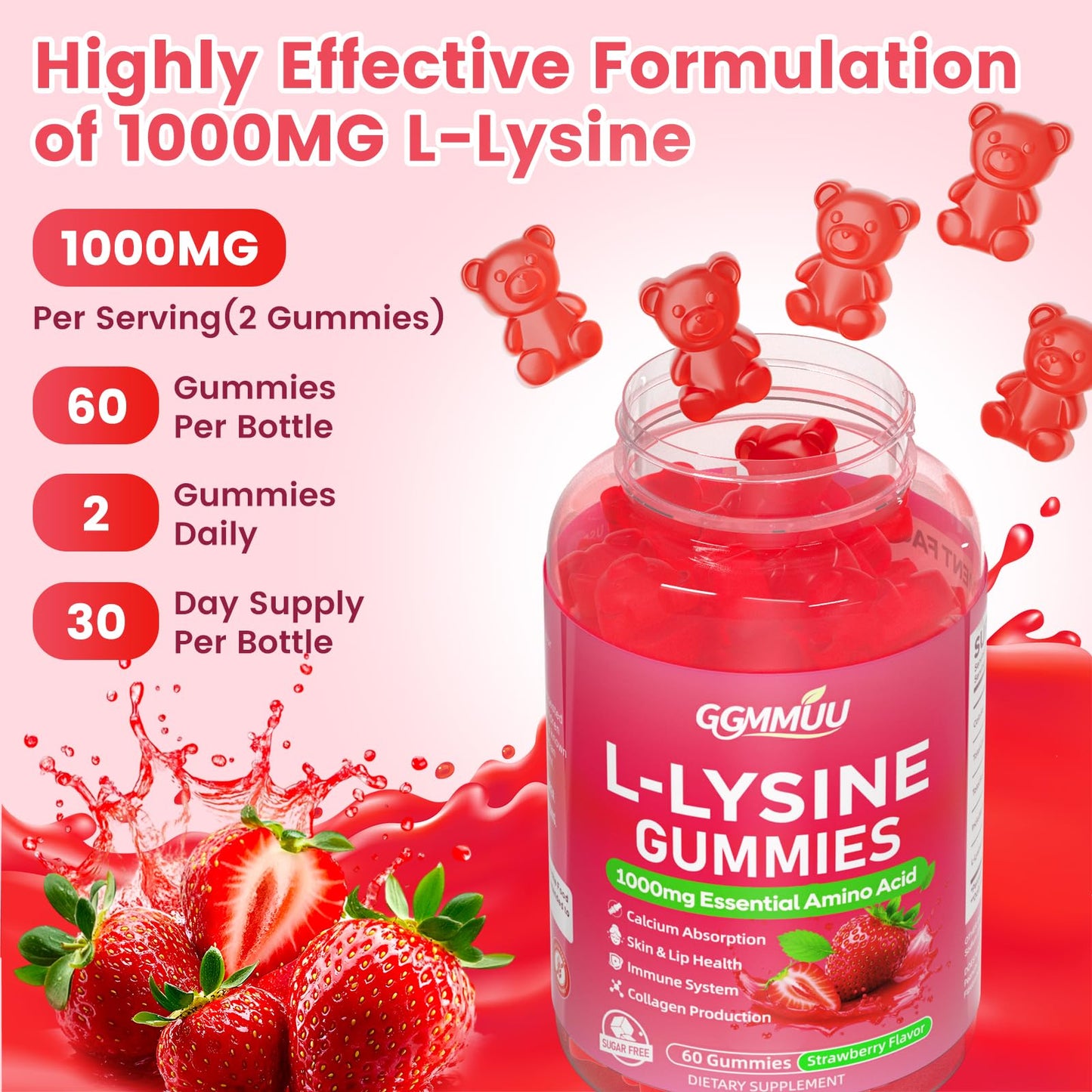 GGMMUU L-Lysine Gummies 1000mg, 120 Count