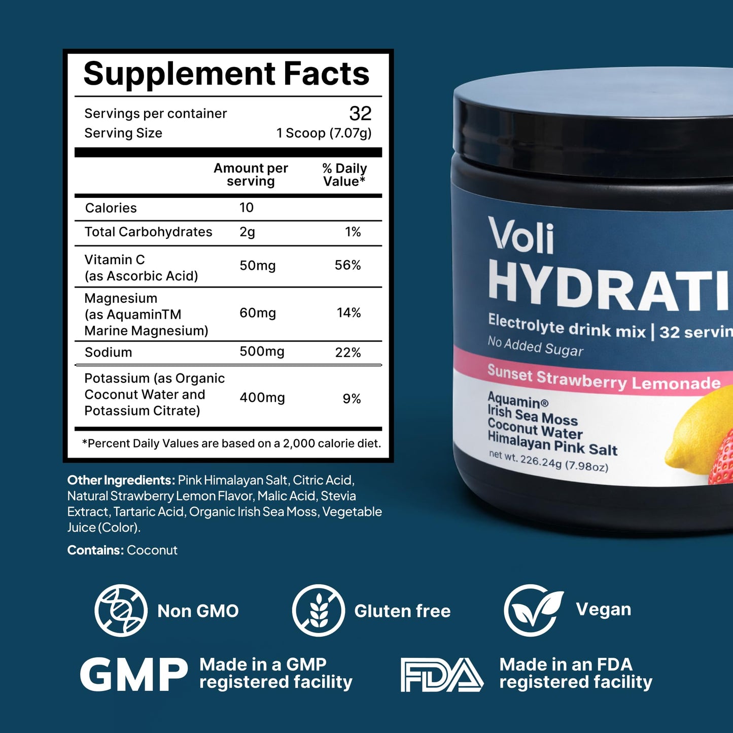VOLI WELLNESS Hydration Electrolyte Powder Strawberry Lemonade 7.98 Ounce