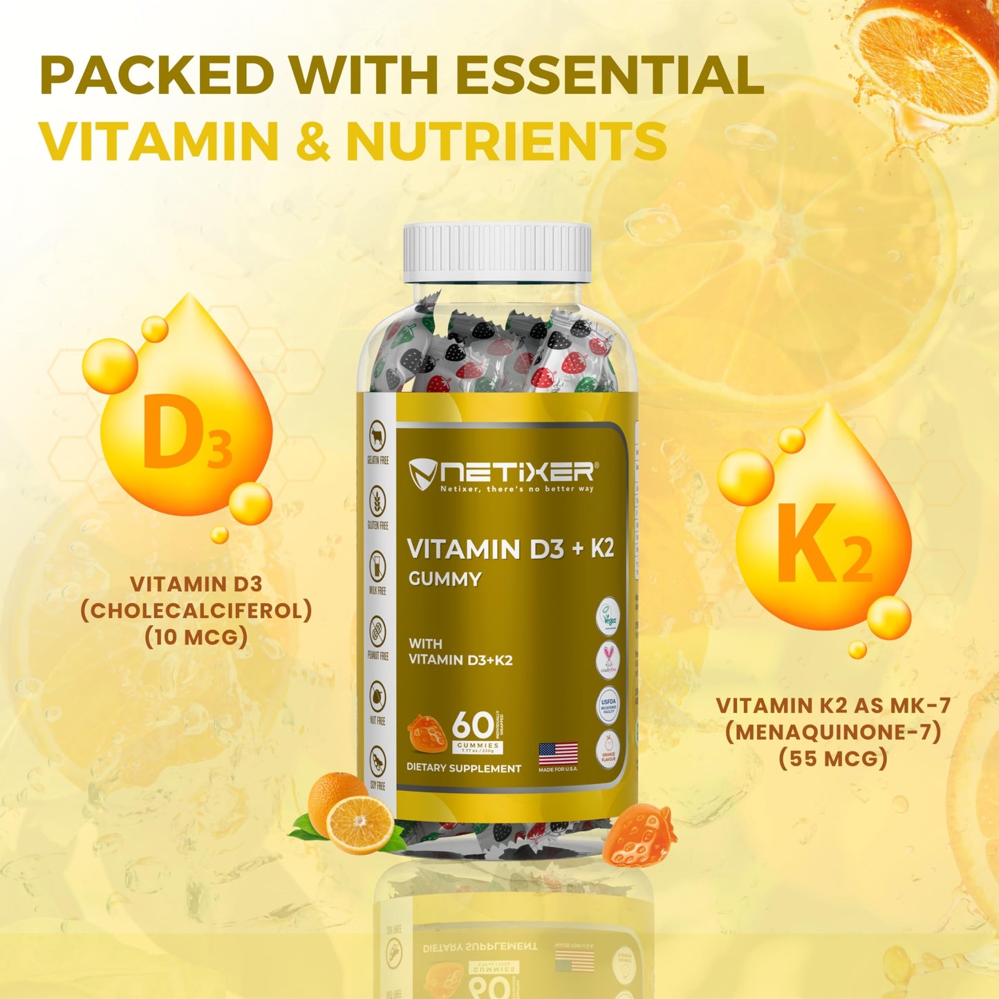 nETiXER Vitamin D3 K2 Gummies for Adults, 60 Count