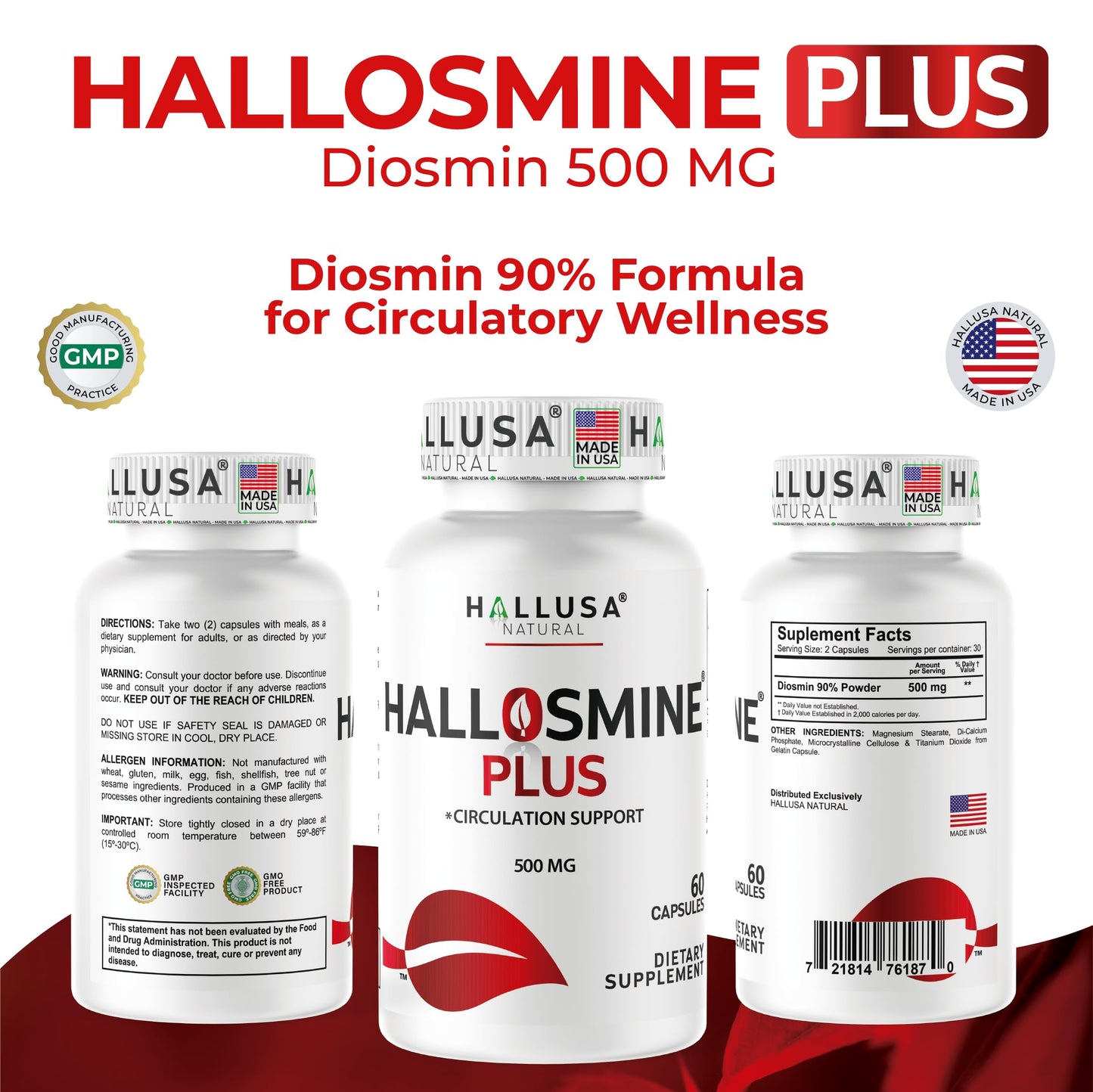 Hallusa Natural Hallosmine Plus Diosmin 500mg Supplement Capsules, 60 Count