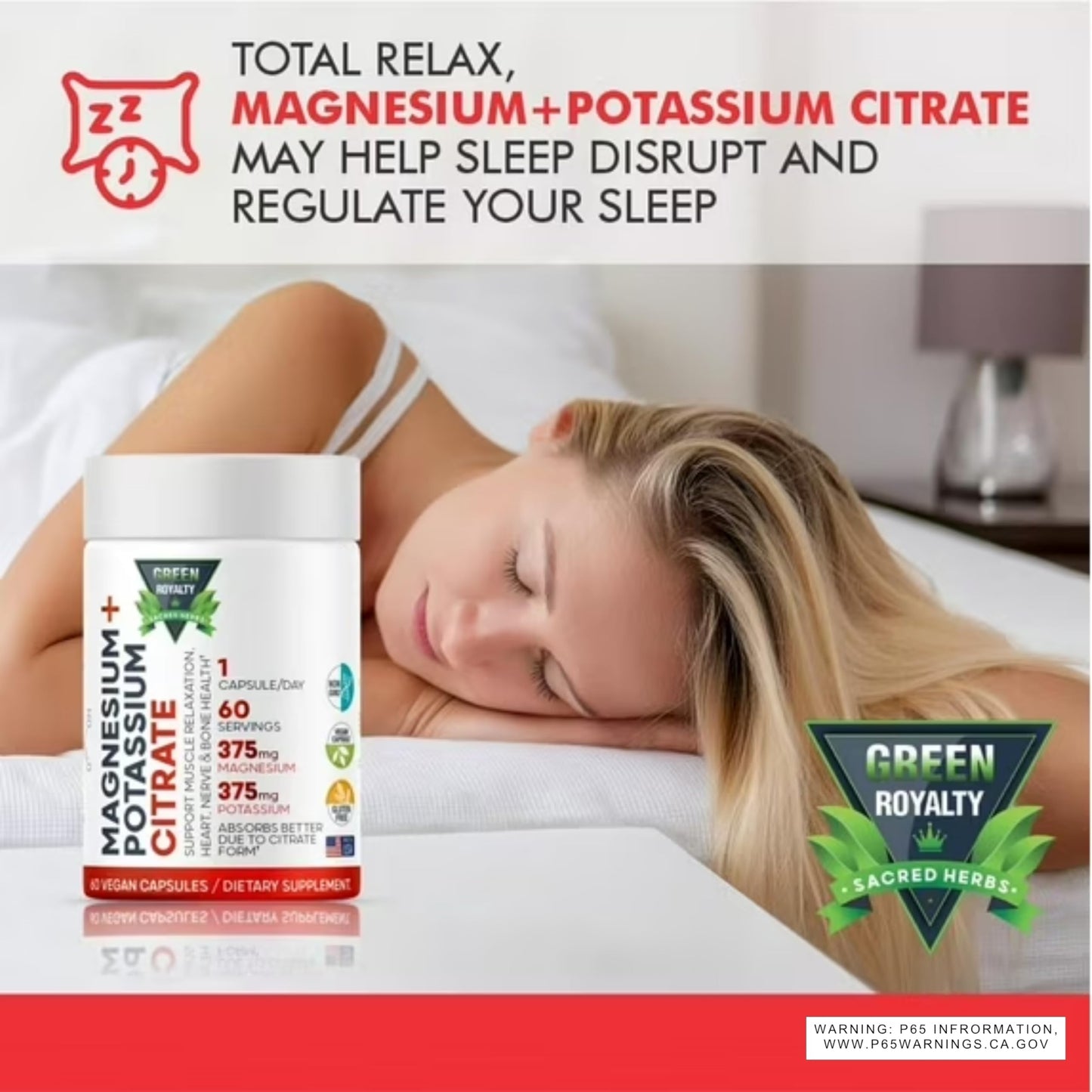 GREEN ROYALTY Magnesium Citrate + Potassium Premium Vegan Capsules, 60 Capsules