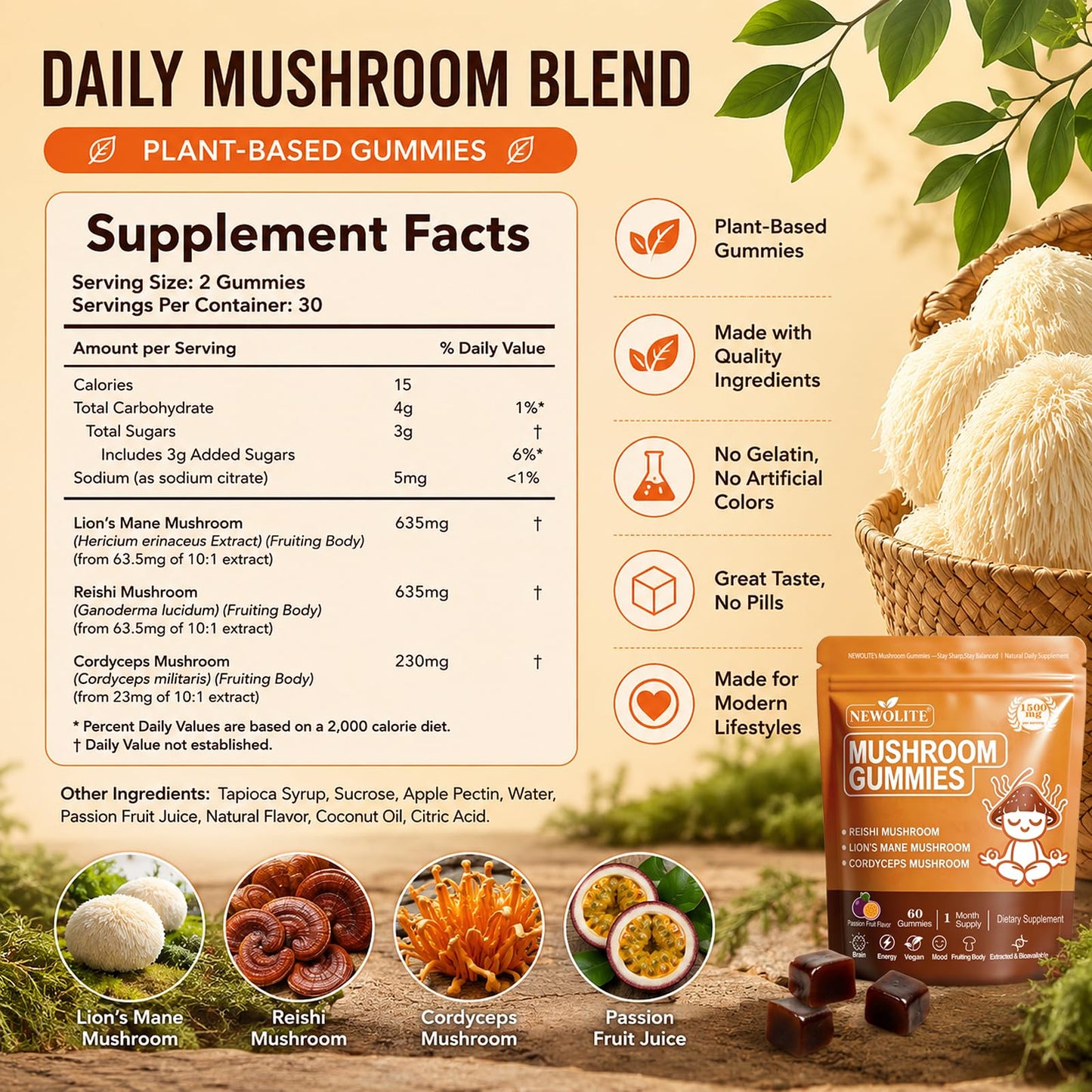 NEWOLITE Mushroom Gummies 1500mg – Functional Mushroom Blend with Lion’s Mane, Cordyceps & Reishi – Vegan Daily Supplement, Halal, 60 Gummies