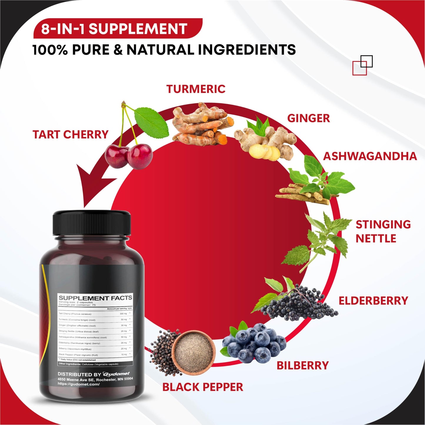 GUDOMET Tart Cherry Turmeric Ginger Stinging Ashwagandha Elderberry Bilberry Black Pepper Capsules 150 Capsules