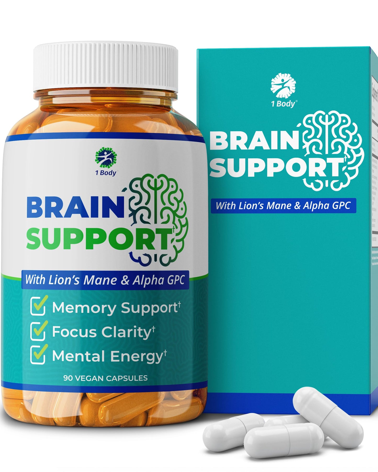 1 Body Brain Supplement Nootropic with Alpha GPC, Ginkgo & Bacopa Capsules, 90 Count