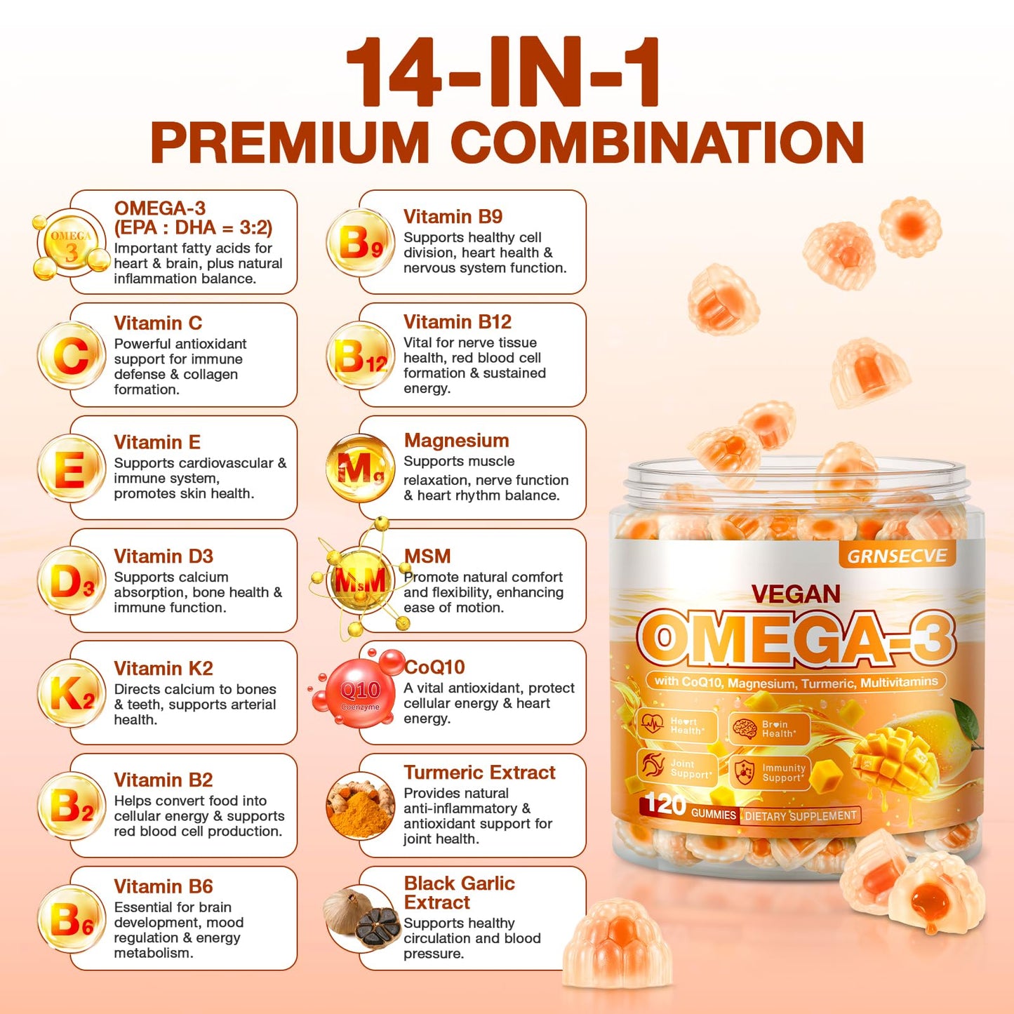 GRNSECVE Vegan Omega 3 Gummies 1000mg 120 Count