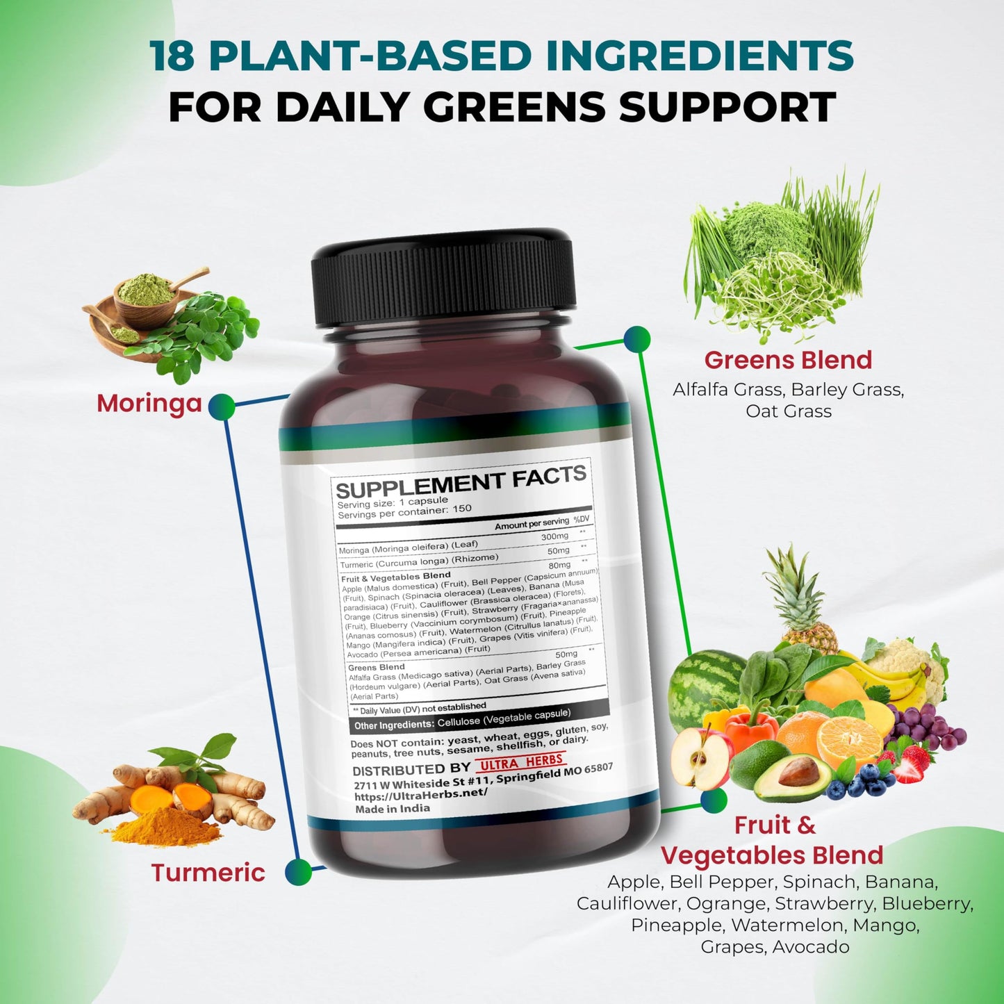 ULTRA HERBS Superfood Greens 18 in 1 with Fruits & Vegetables & Herbs - Moringa, Alfalfa, Apple, Spinatch, Banana, Strawberry - Boost Energy, Immunity and Gut Health, 150 Capsules
