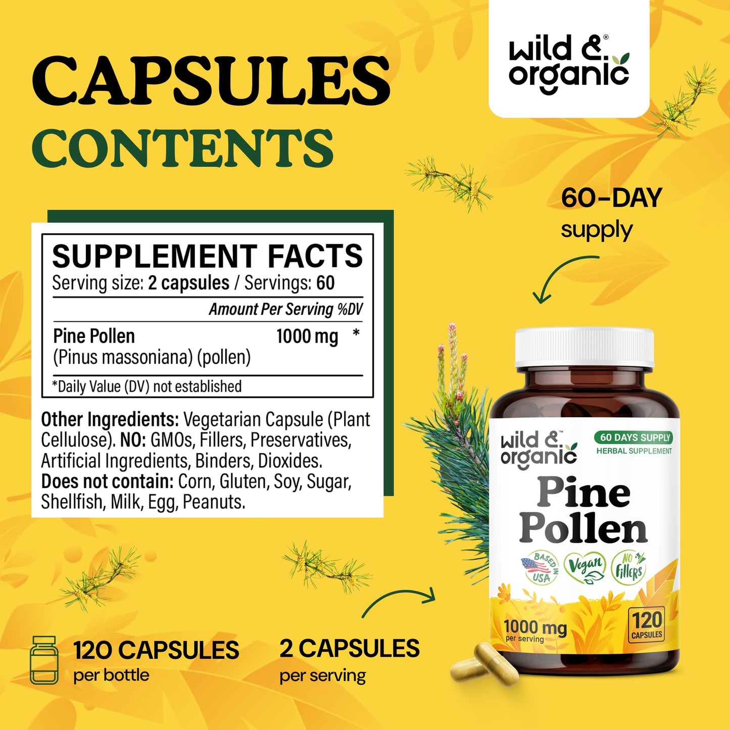 Wild & Organic Pine Pollen for Men Capsules 1000 mg, 120 Count