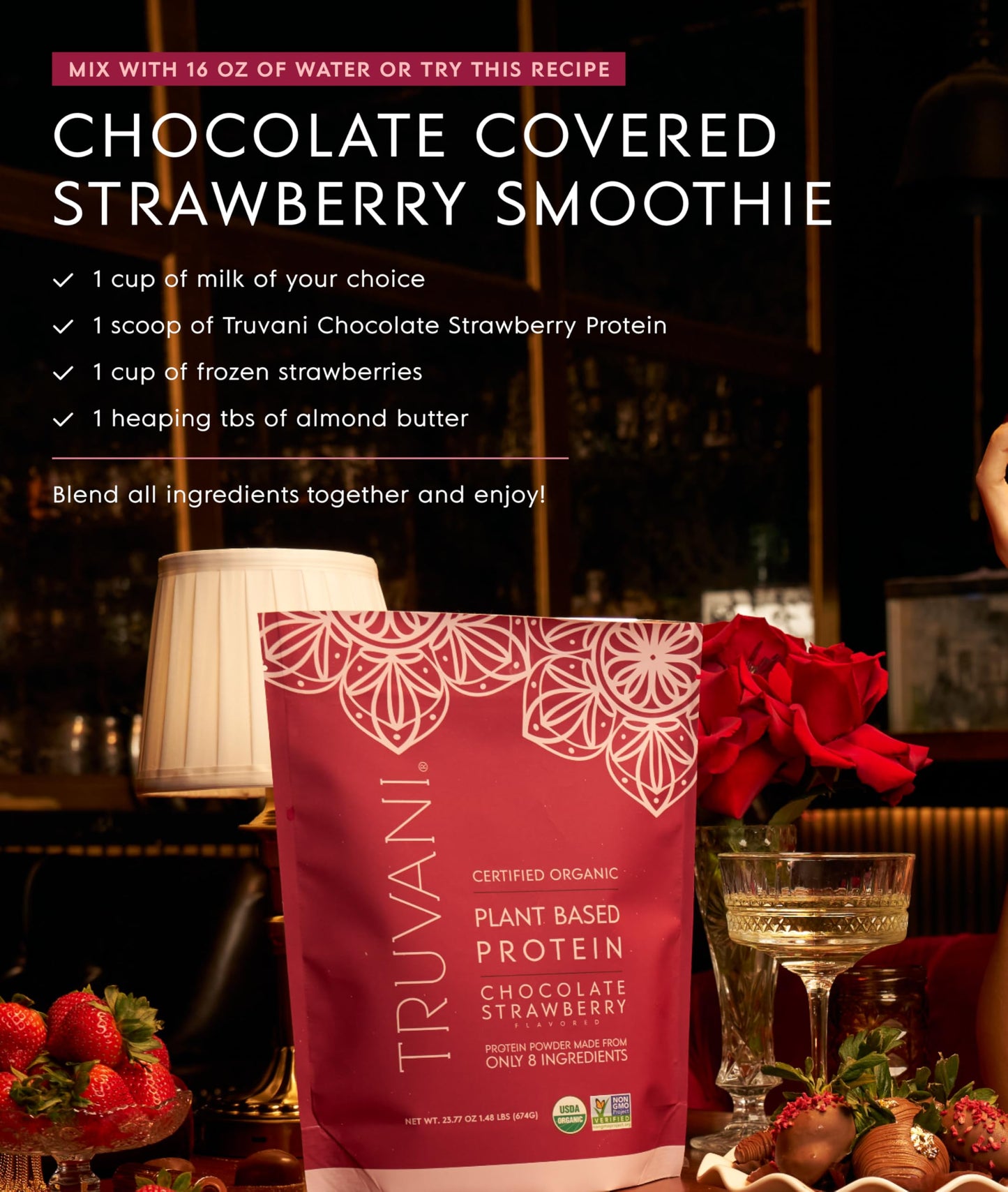 Truvani Vegan Pea Protein Powder Chocolate Strawberry, 20 Servings
