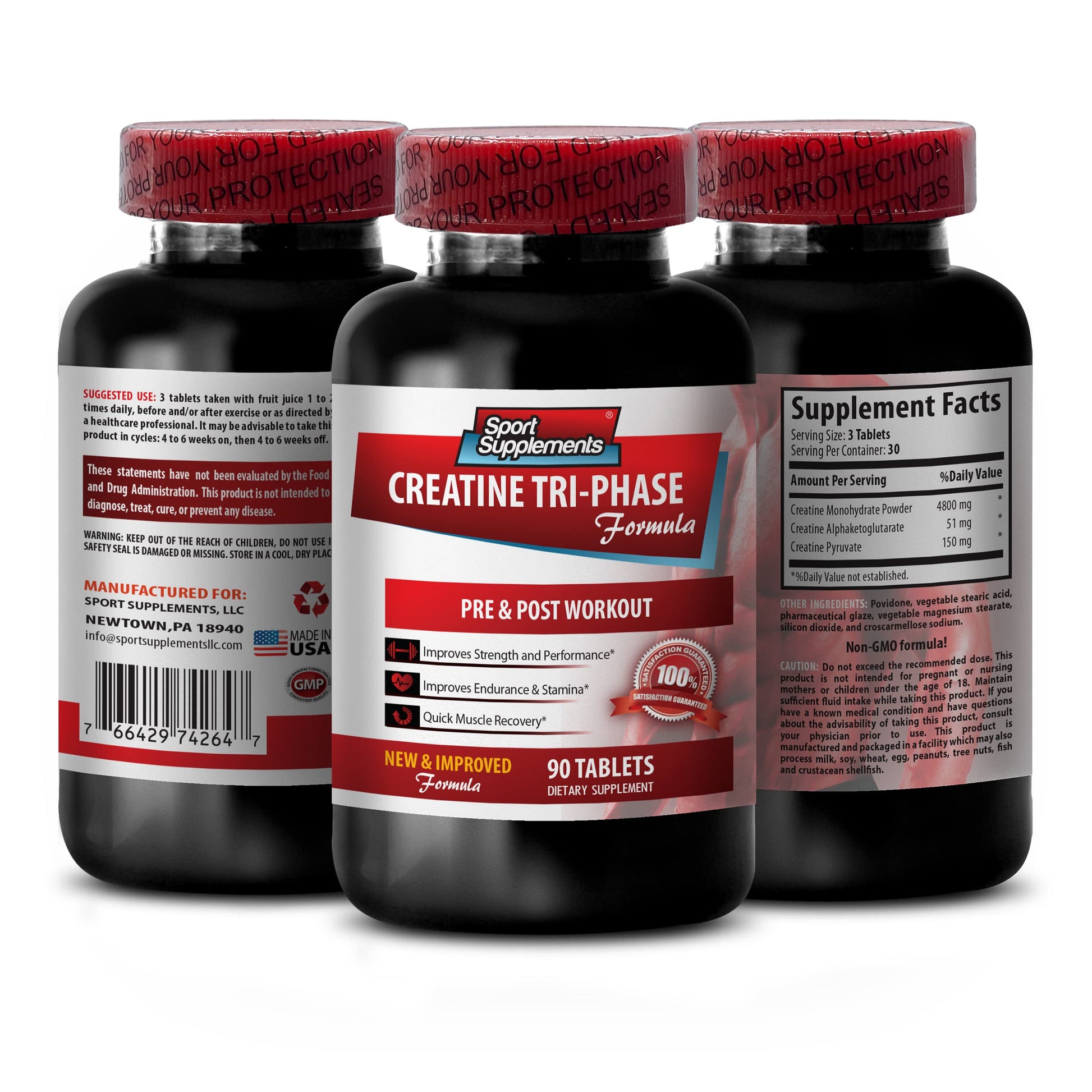 Sport Supplement Creatine Tri Phase - Creatine Monohydrate Tablet, 90 Tablets