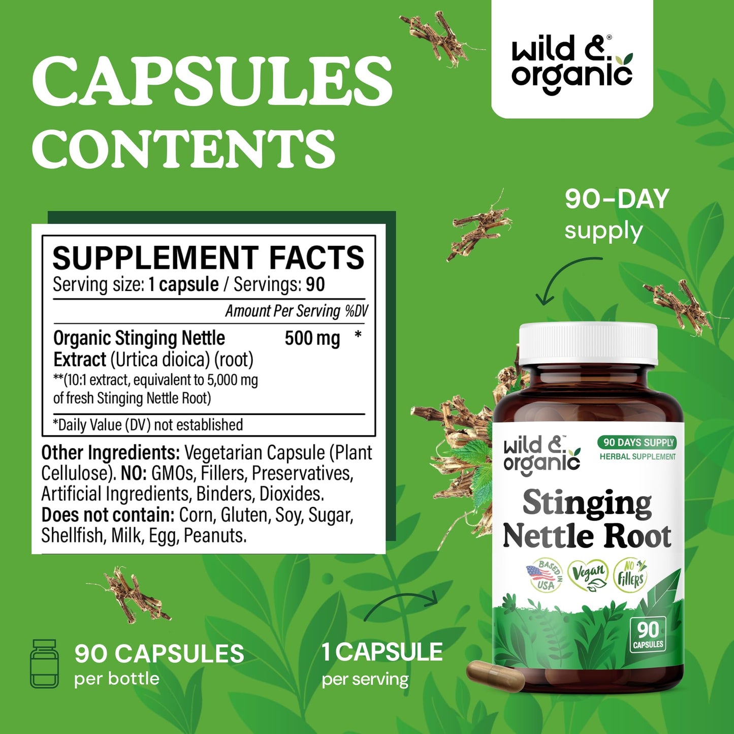Wild & Organic Stinging Nettle Root Capsules 90 Capsules