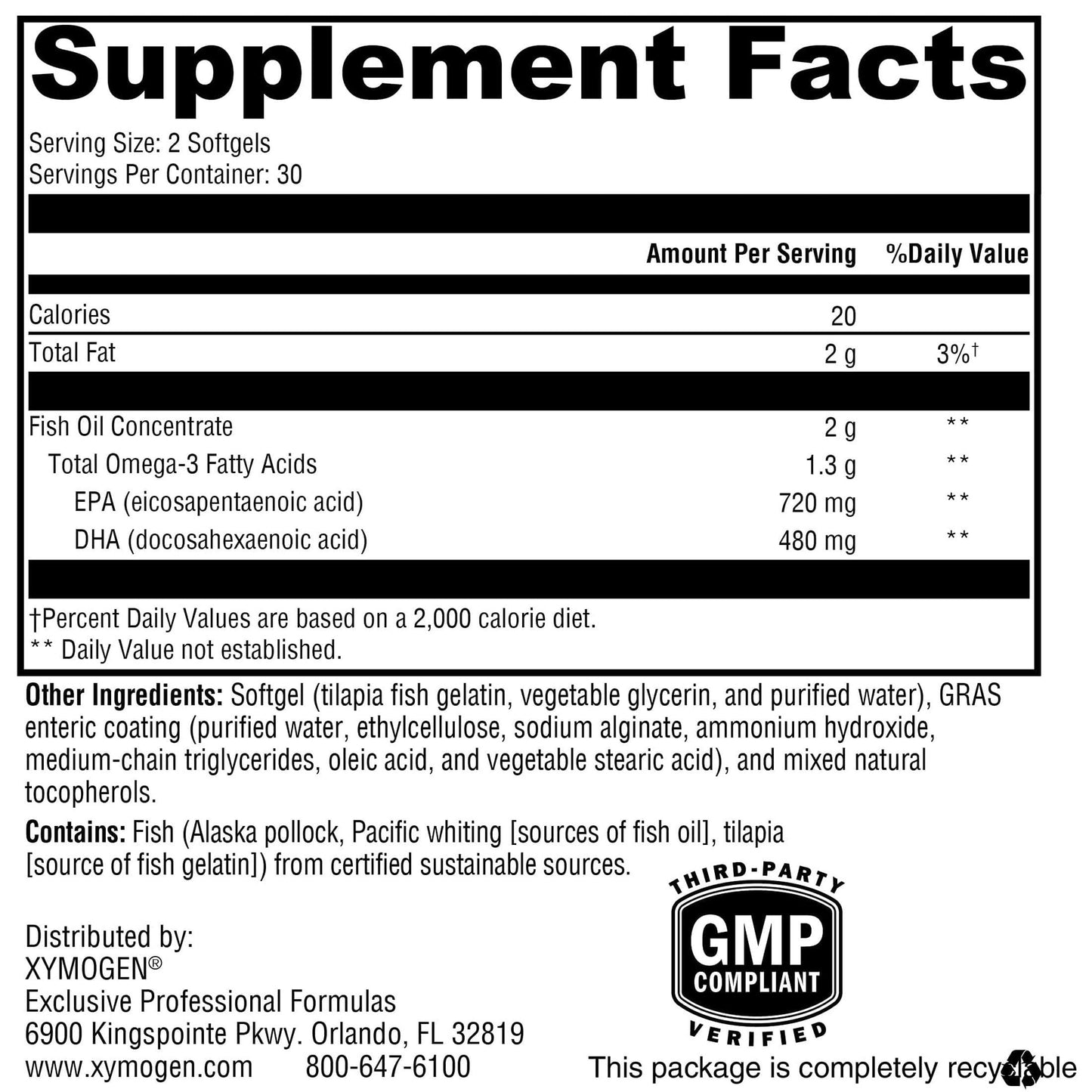 XYMOGEN OmegaPure 600 EC - Cardiovascular & Brain Support - IFOS Five-Star Certified Fish Oil - DHA EPA Omega-3 Supplement Softgels 60 Count