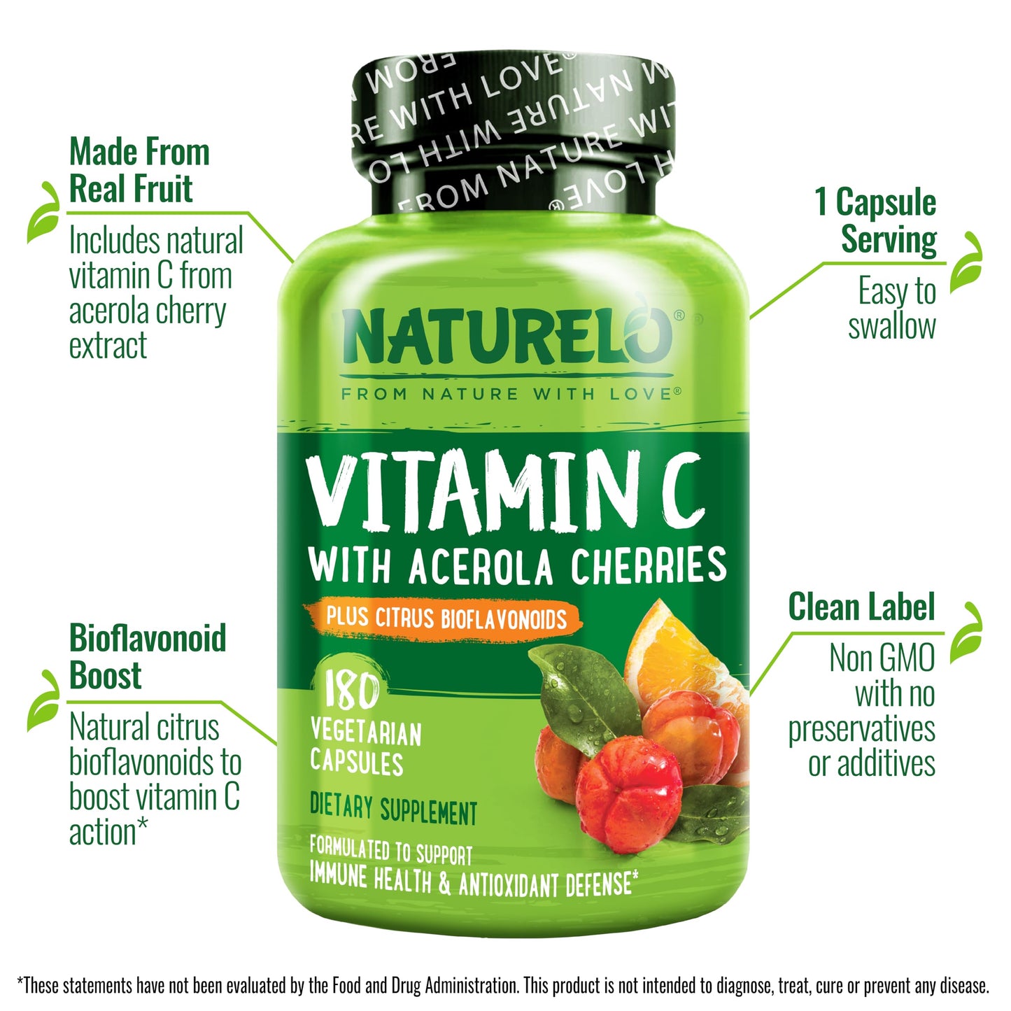 NATURELO Vitamin C with Organic Acerola Cherry Extract and Citrus Bioflavonoids 360 Capsules
