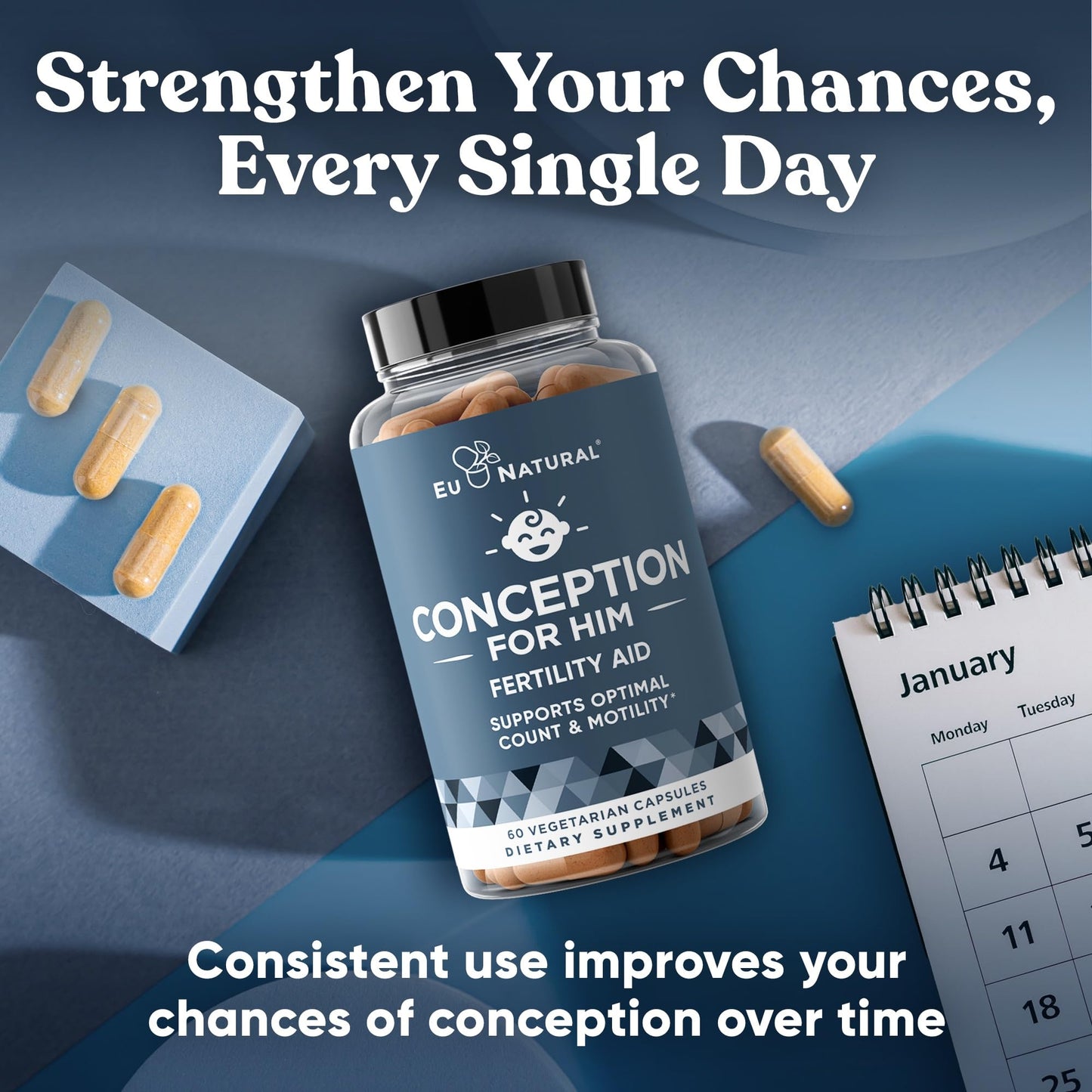 Eu Natural Conception for Him - Male Fertility Supplements with Ashwagandha, Folate & Zinc - Sperm Count, Motility & Strength Support - Fertility Support for Men, 60 Capsules
