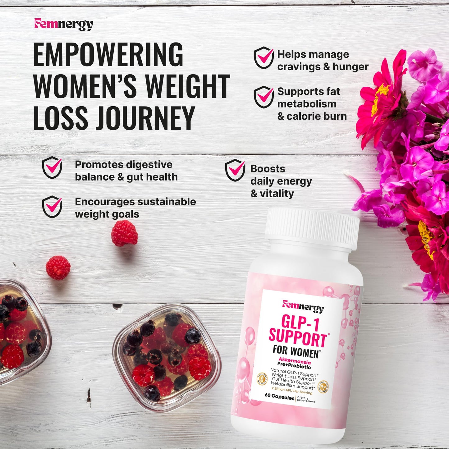 Femnergy GLP-1 Support Weight Loss Probiotic Prebiotic Supplement for Women, 60 Capsules