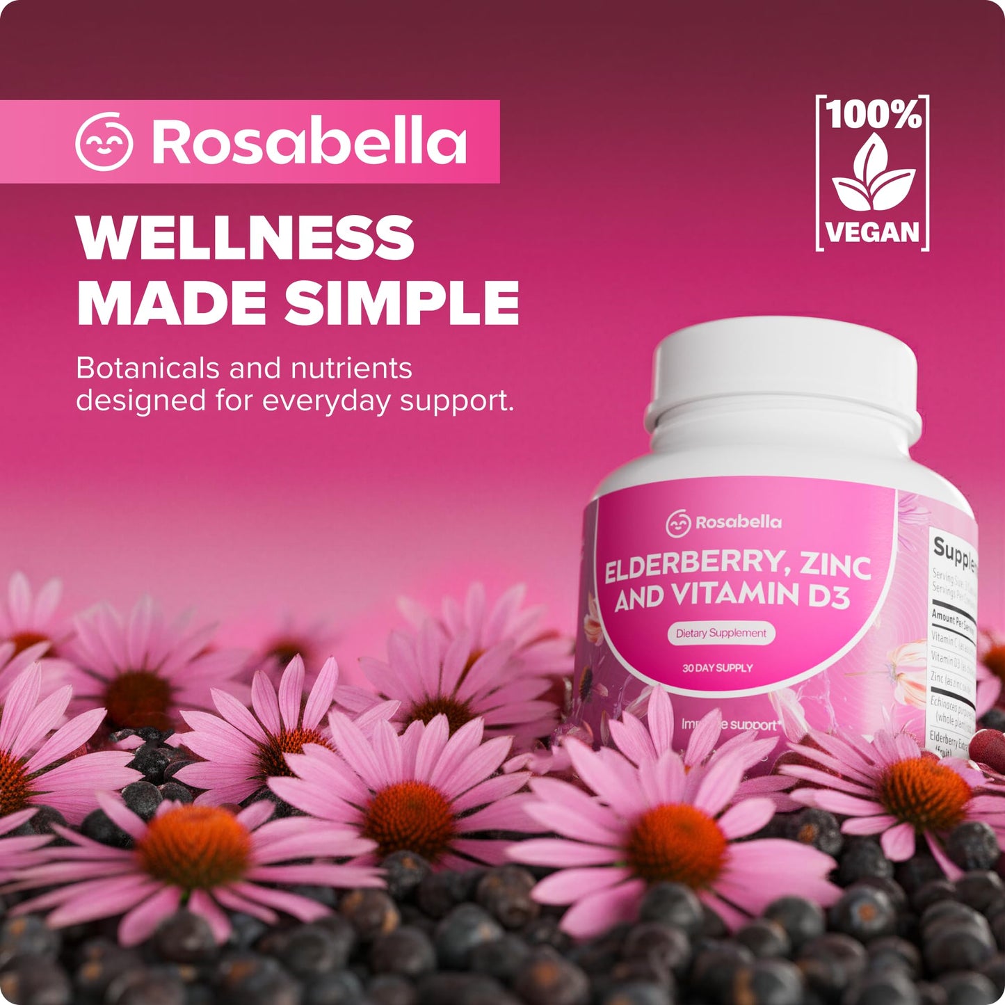 Rosabella Elderberry, Zinc & Vitamin D3 Capsules 90 Count