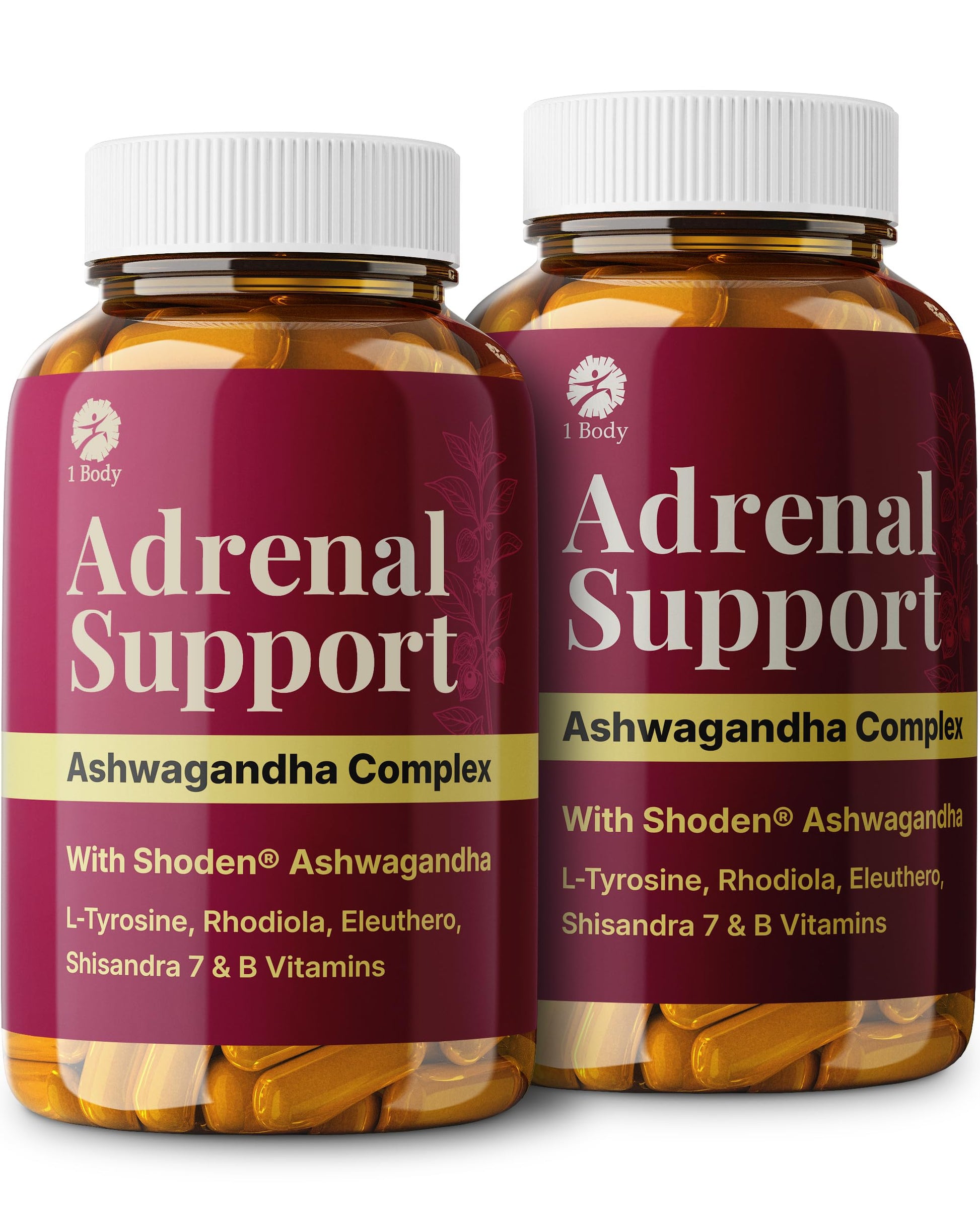 1 Body Adrenal Support Complex with Ashwagandha & Adaptogens, 120 Capsules