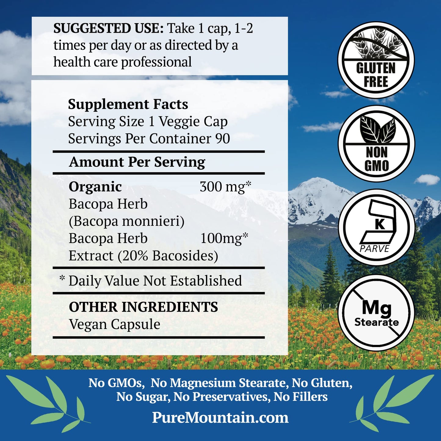 Pure Mountain Botanicals Bacopa Monnieri Capsules 90 Count