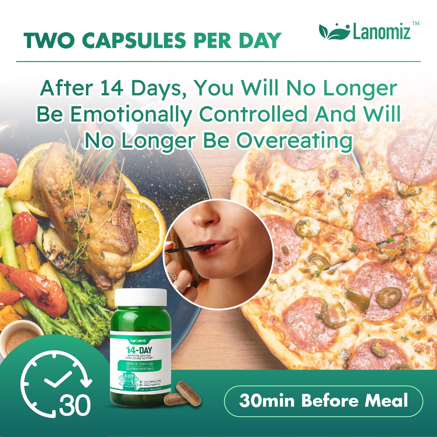 Lanomiz 14DAY Appetit & Craving Control Gut Health Complex Featuring Delayed-Release Probiotics & White Kidney Bean Extract 5-HTP 60 Capsules