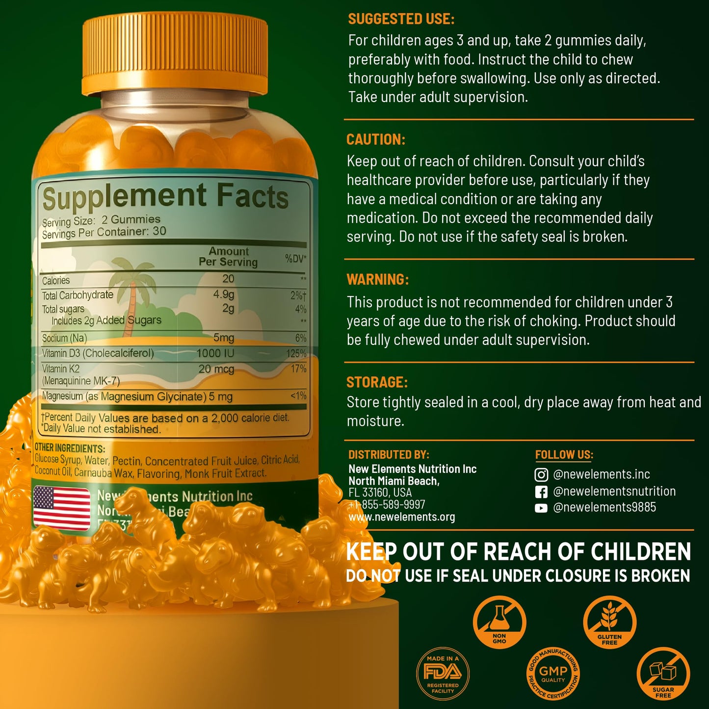 New Elements Vitamin D3 K2 Gummies with Magnesium Glycinate for Kids, 60 Gummies