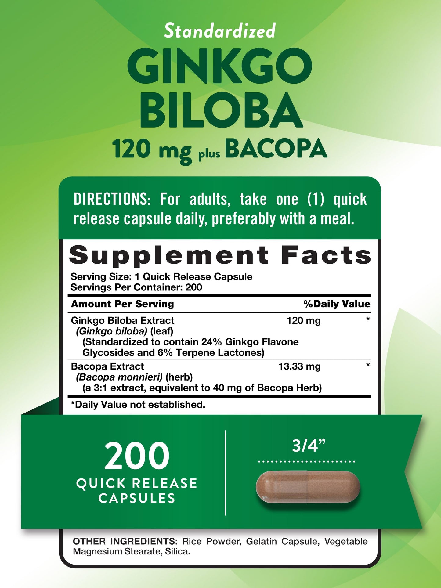 Nature's Truth Ginkgo Biloba 120mg Plus Bacopa Capsule, 200 Count