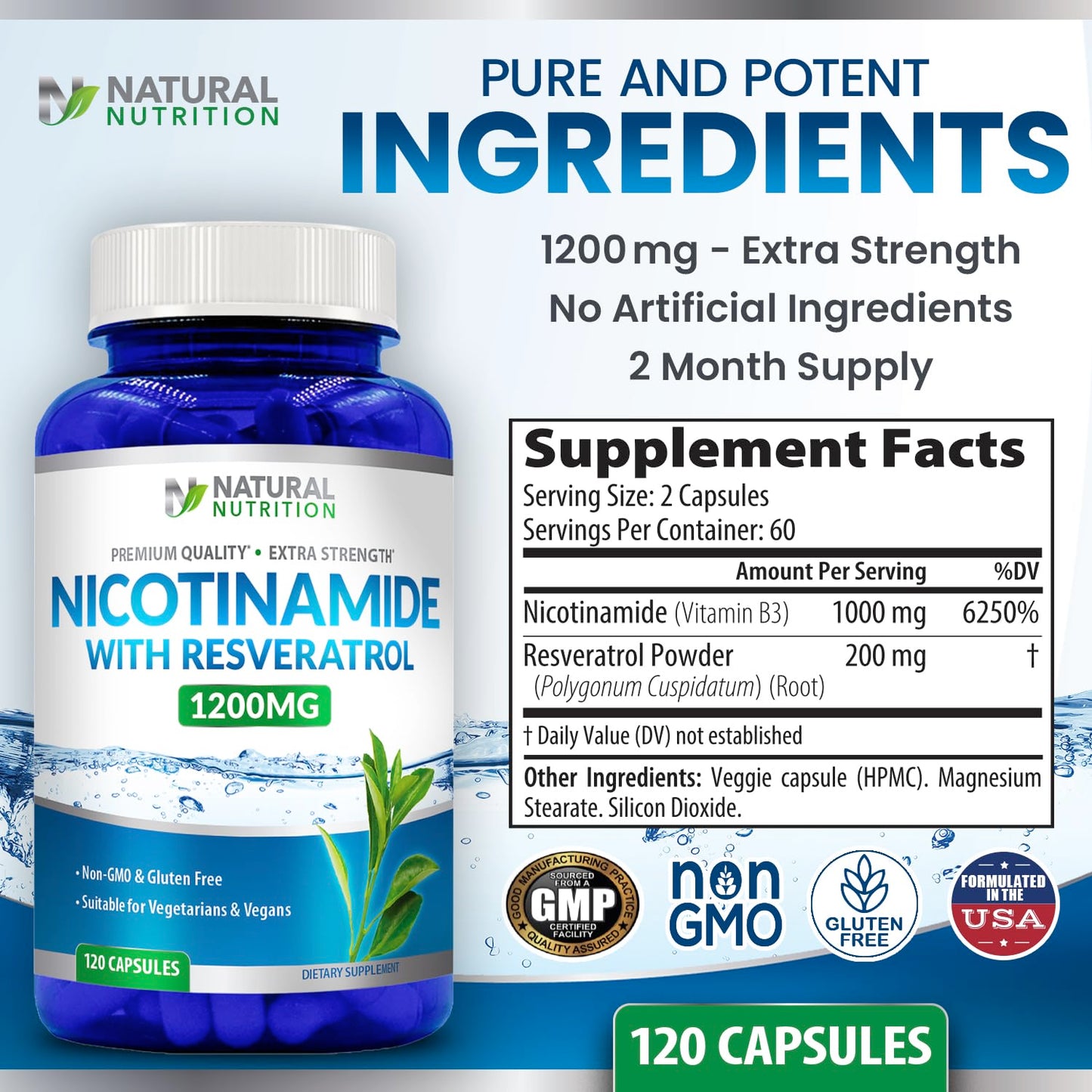 Generic Nicotinamide with Resveratrol 1200mg (Vitamin B-3) Veggie Capsules, 120 Count