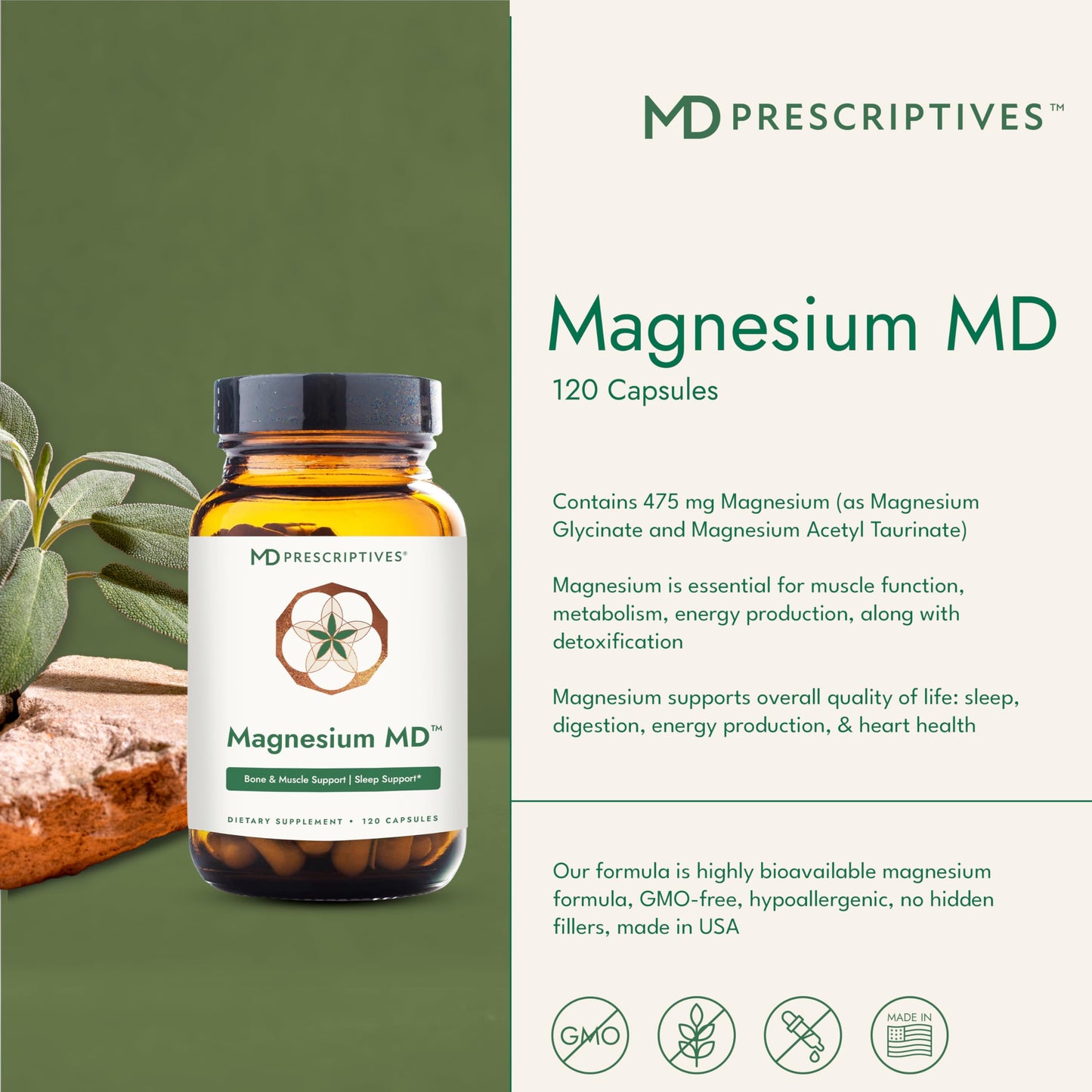 MD Prescriptives Magnesium MD Highly Absorbable Dietary Magnesium Supplement with Glycinate & Acetyl Taurinate Capsule, 120 Count