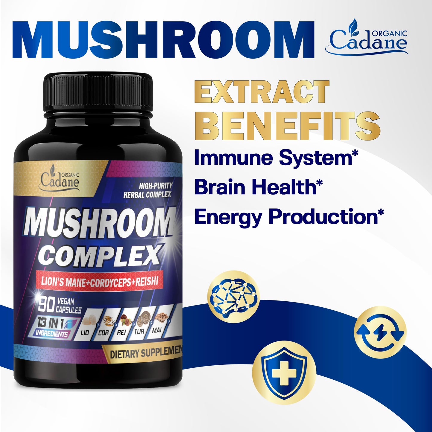 Organic Cadane Mushroom Complex Supplements Capsule, 13-in-1, 90 Vegan Capsules
